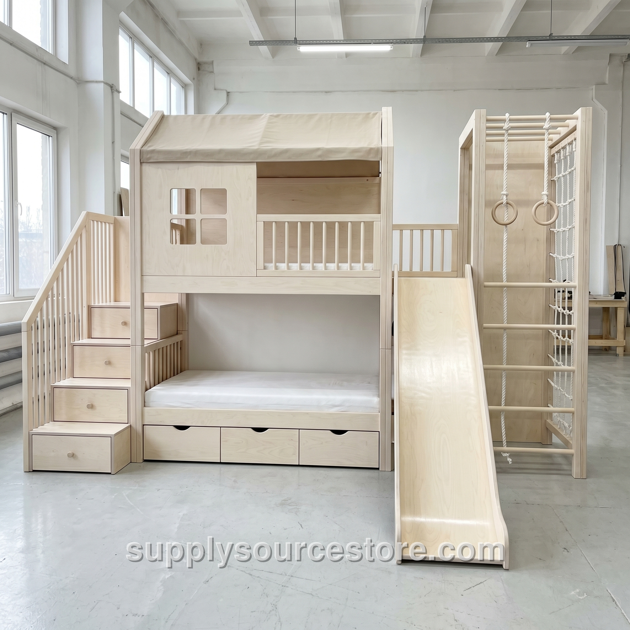 Wooden Bunk Bed with Slide and Playhouse Cabin