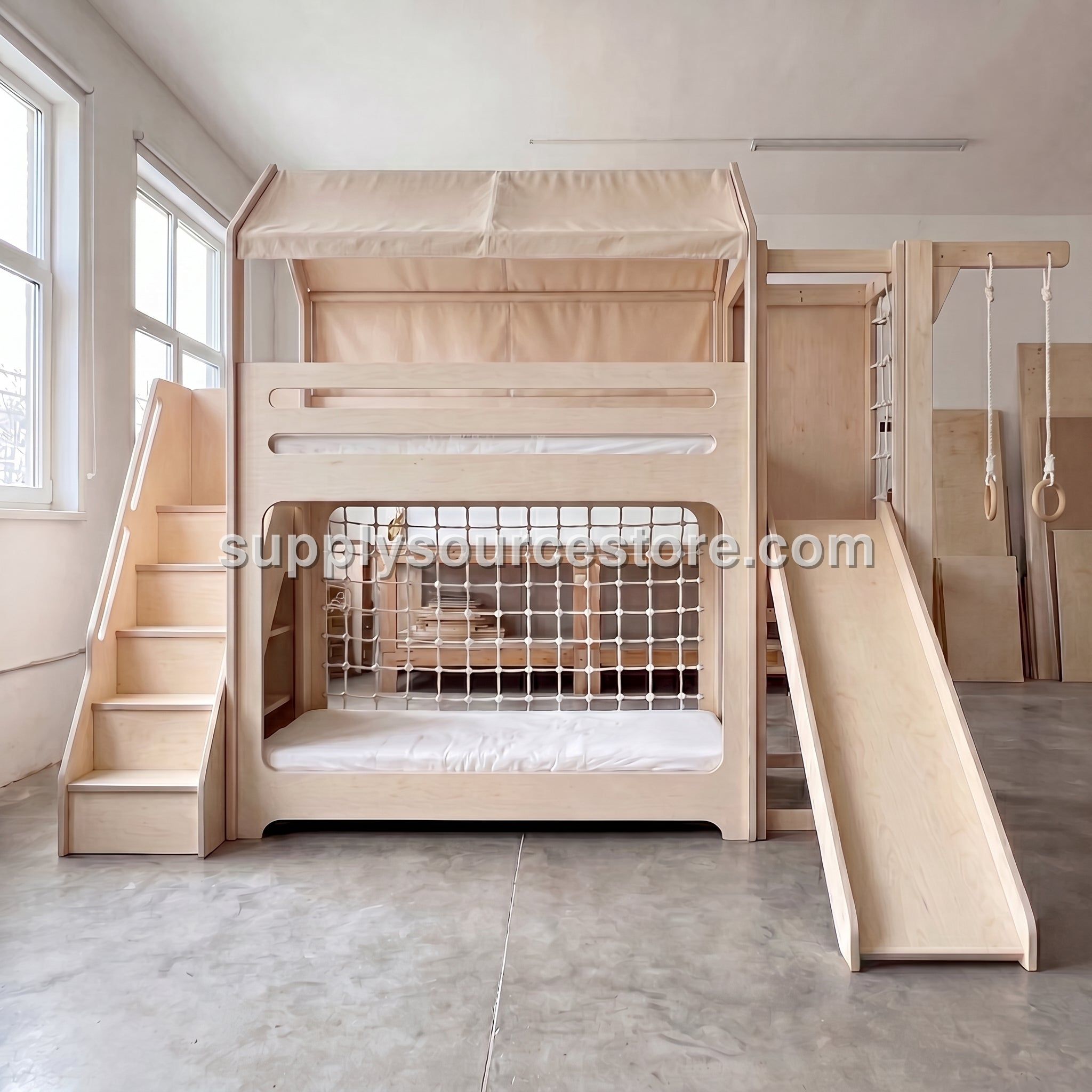 Wooden Bunk Bed with Slide, Gym Rings & Climbing Net | Fabric Canopy Roof, Staircase | Kids Adventure Bunk Bed Set
