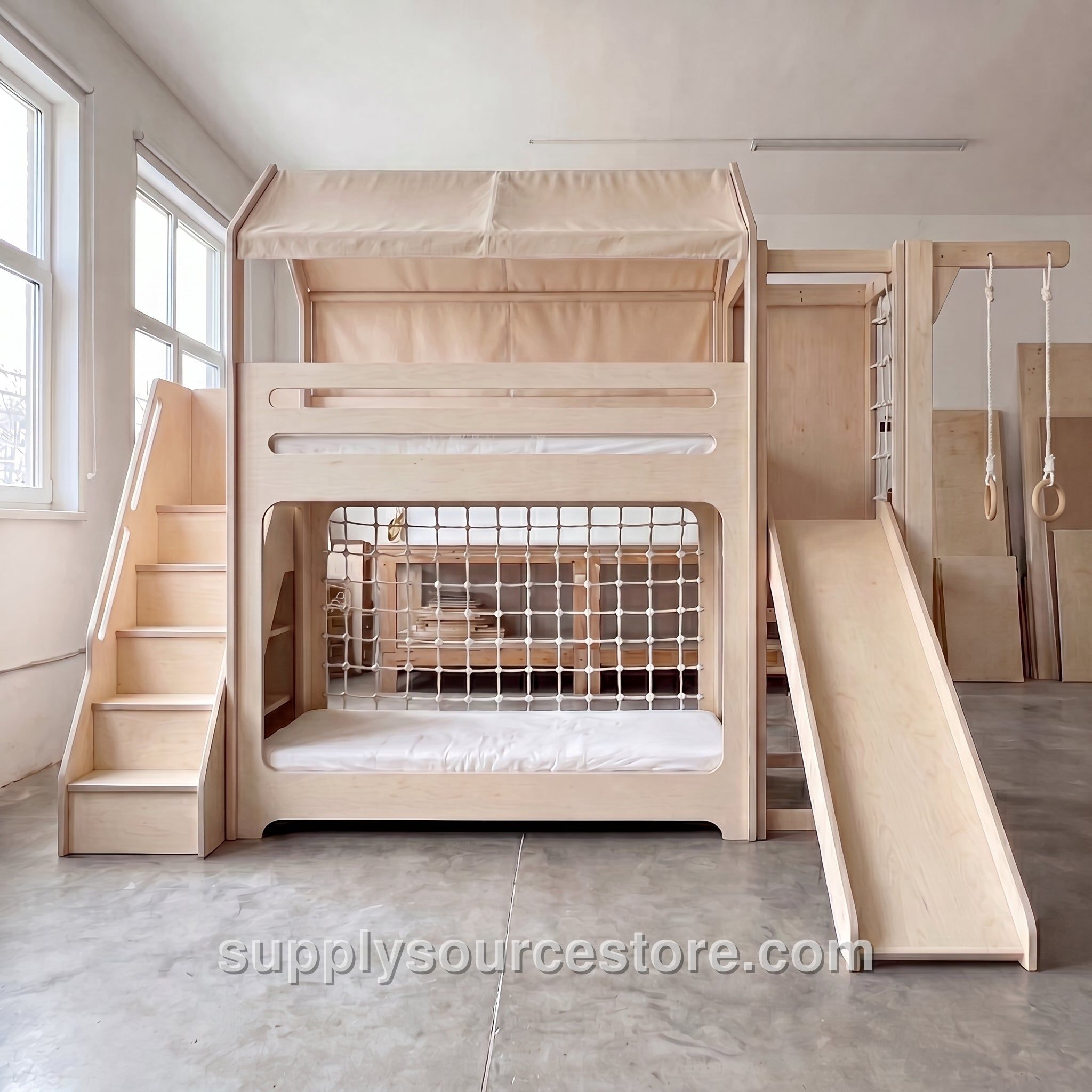 Wooden Bunk Bed with Slide, Gym Rings & Climbing Net | Fabric Canopy Roof, Staircase | Kids Adventure Bunk Bed Set