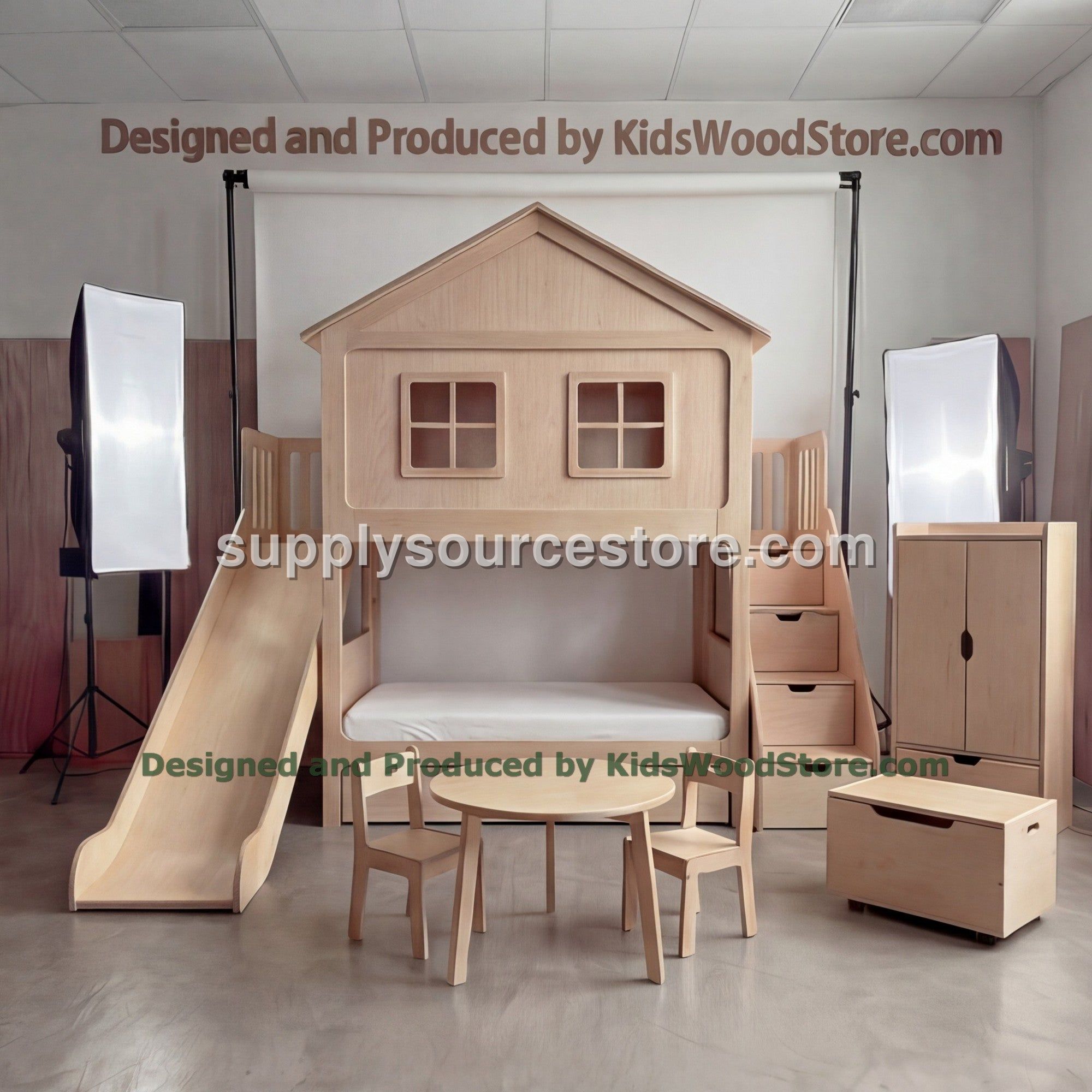 Wooden Dollhouse Bunk Bed with Slide & Wardrobe | Multi-Pane Windows, Picket-Fence Loft Rails, Storage Stairs | Kids Cottage Set