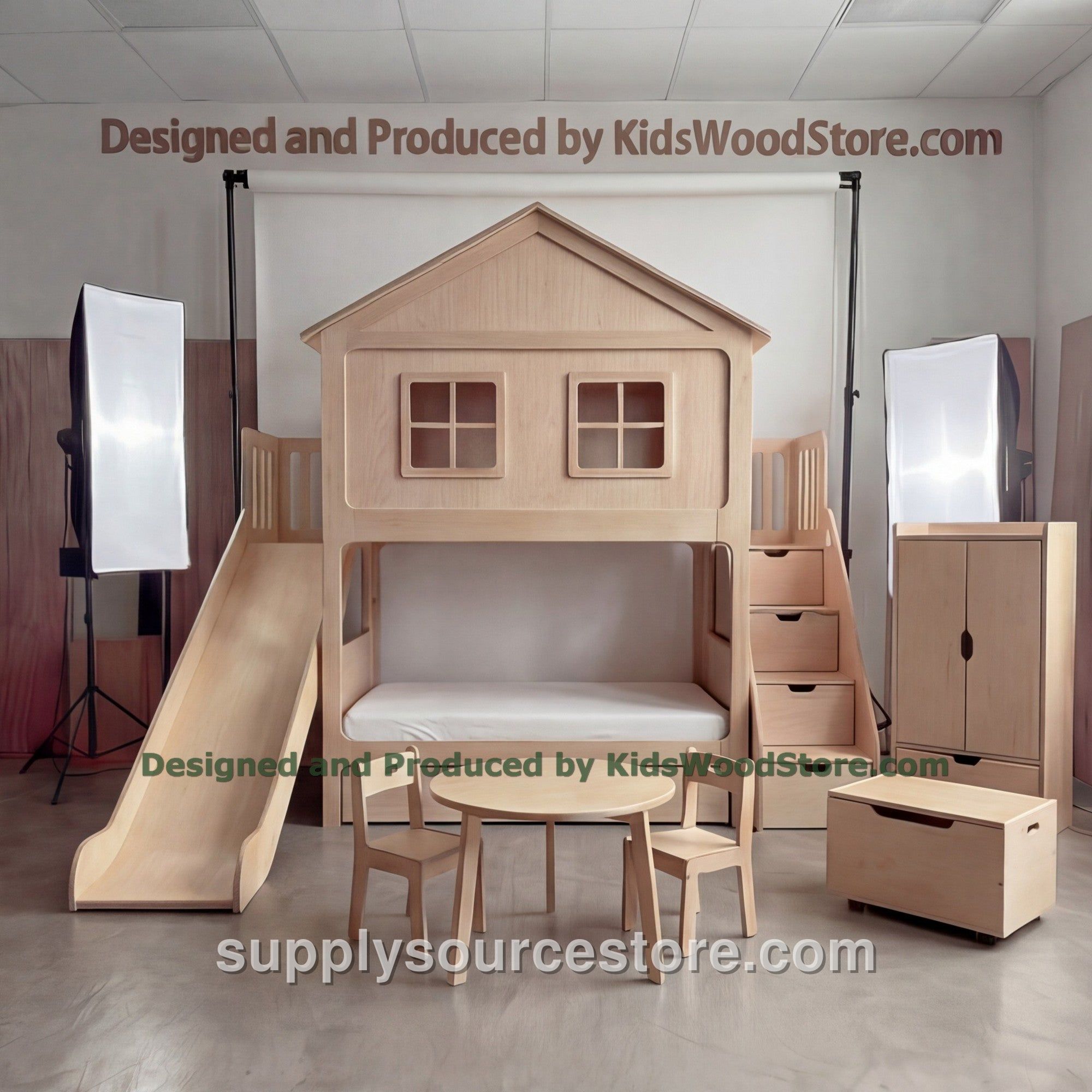 Wooden Dollhouse Bunk Bed with Slide and Wardrobe