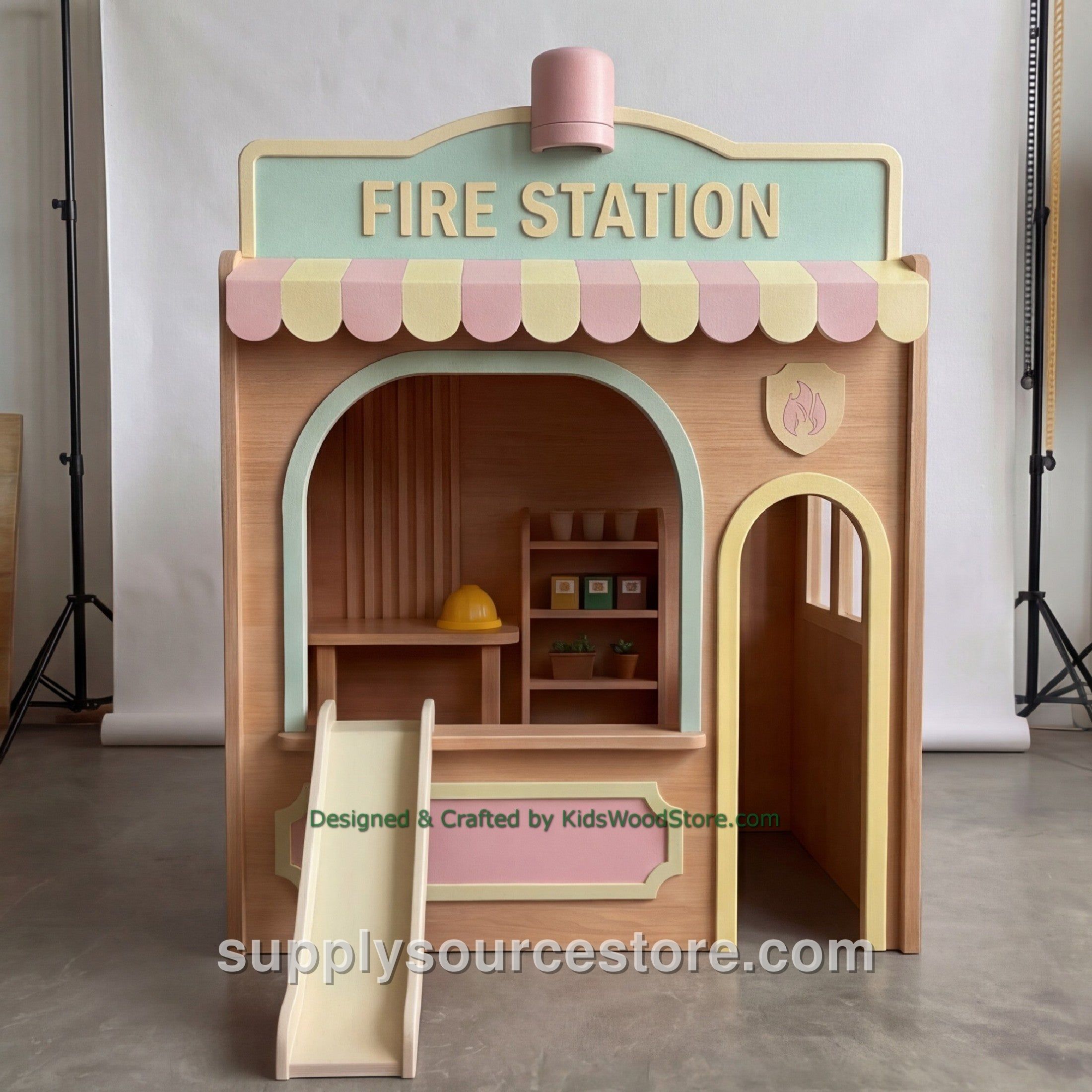 Wooden Fire Station Playhouse with Furniture