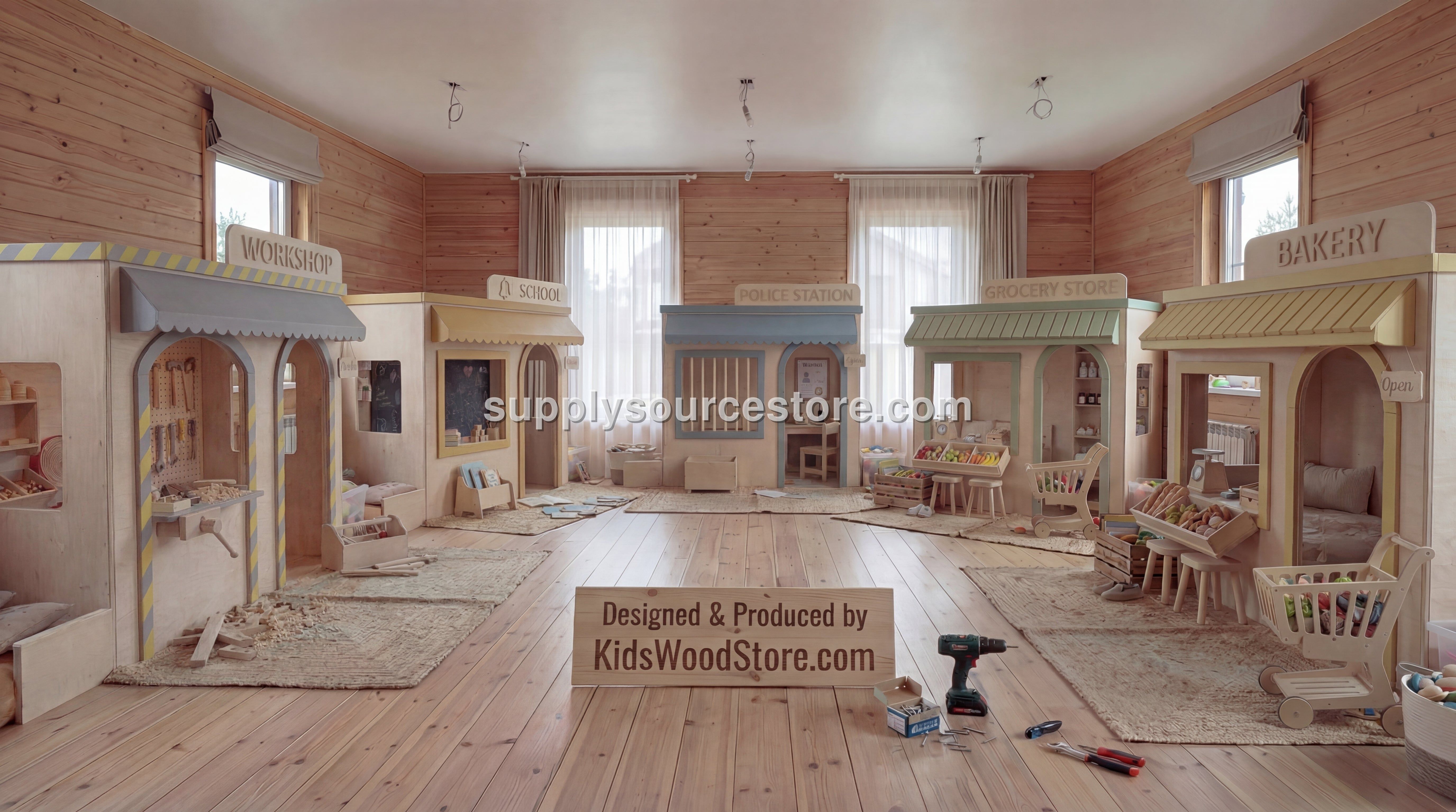 Wooden Kids Play Village — 5-House Indoor Role-Play Set (Workshop, School, Police, Grocery, Bakery)
