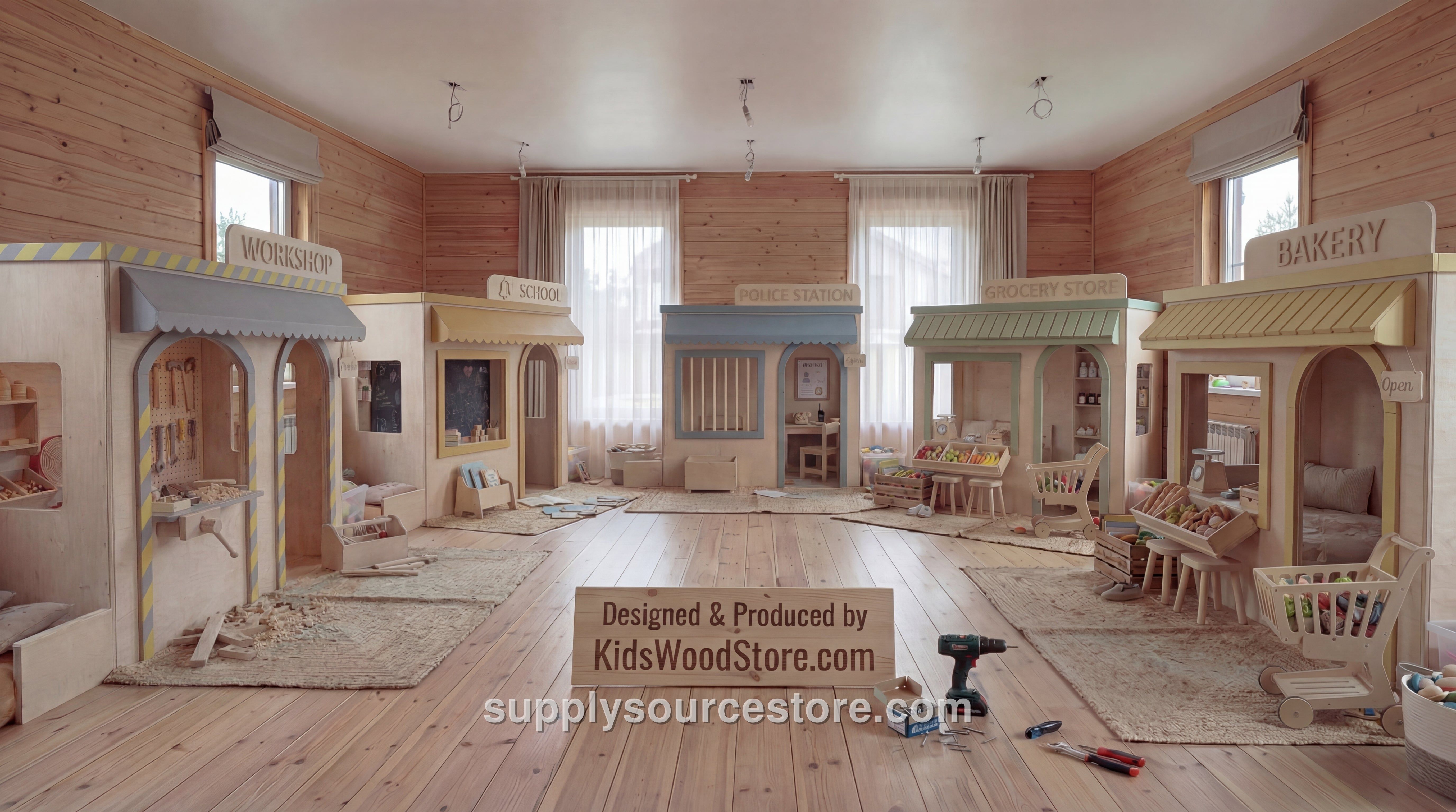 Wooden Kids Play Village – 5‑House Indoor Role‑Play Set