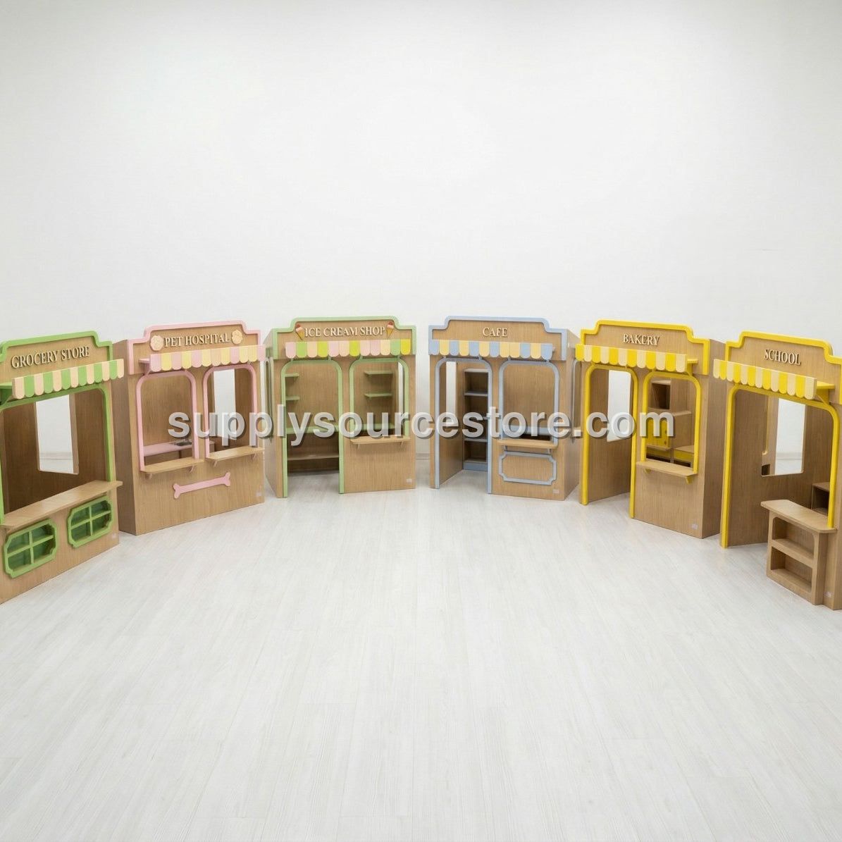Wooden Kids Play Village — 6-House Indoor Role-Play Set (Ice Cream, Pet Hospital, School, Bakery, Café, Market)