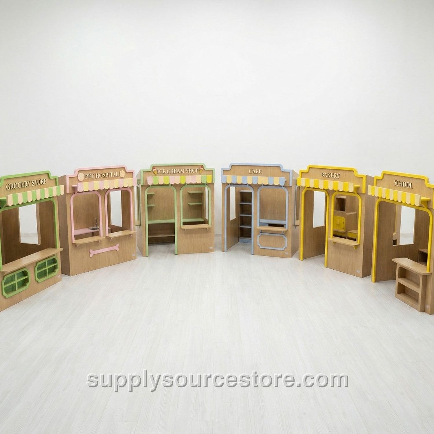 Wooden Kids Play Village – Six‑House Indoor Role‑Play Set