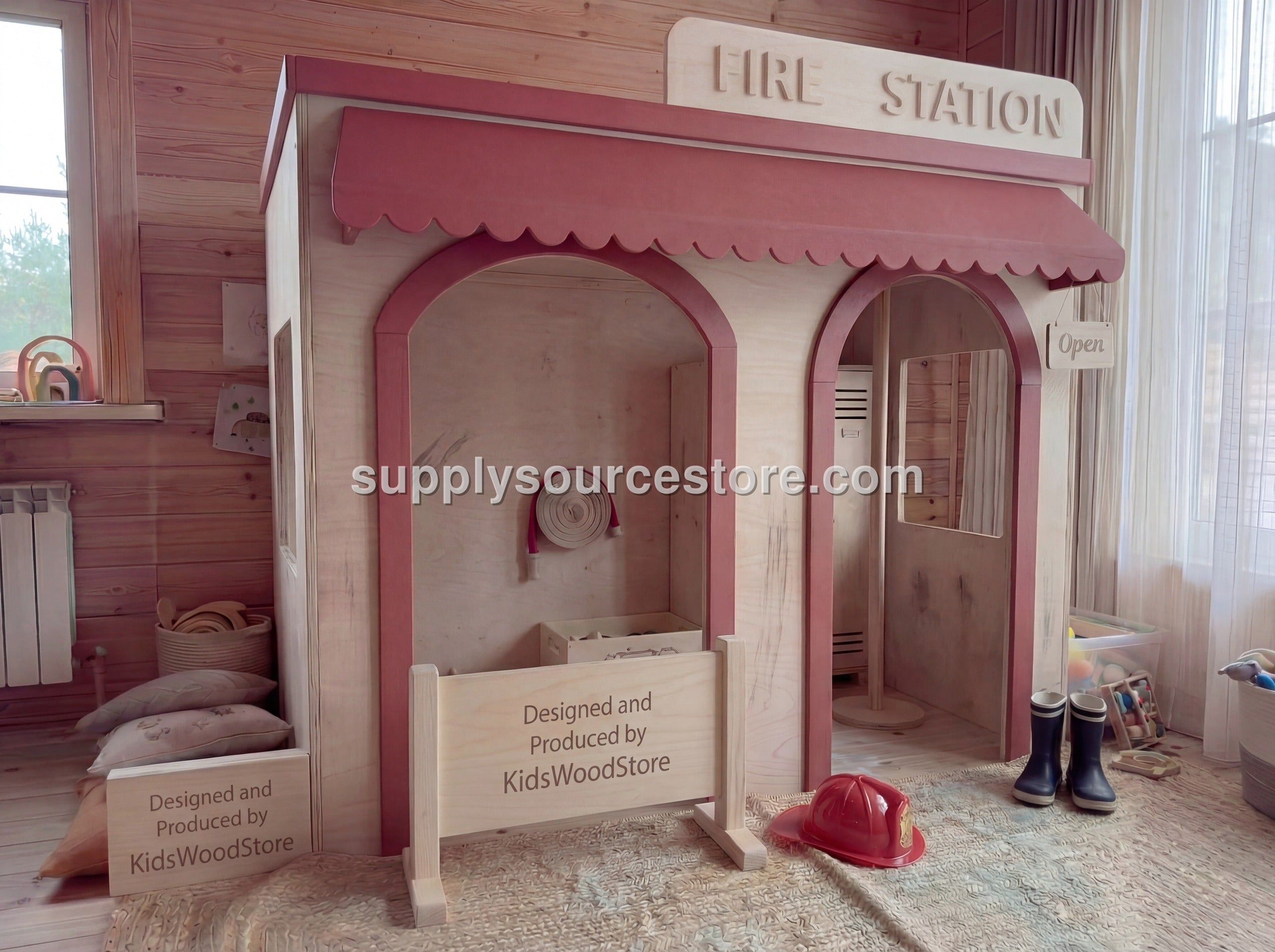 Wooden Kids Pretend Playhouse | Custom Indoor Role Play Fire Station Playhouse for Home & Commercial Use