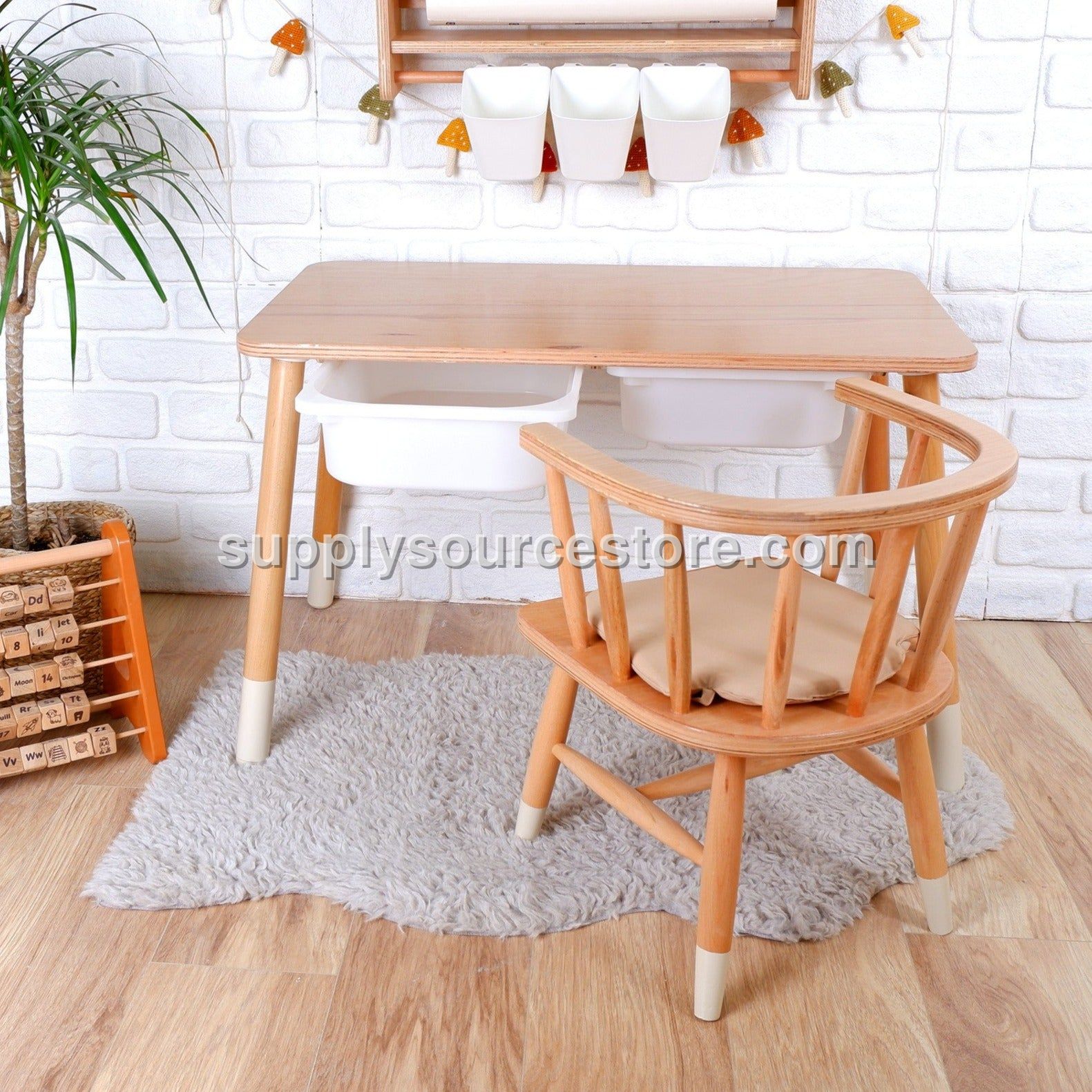 Wooden Kids Table and Chair – Natural Wood with Tan Cushion Seat