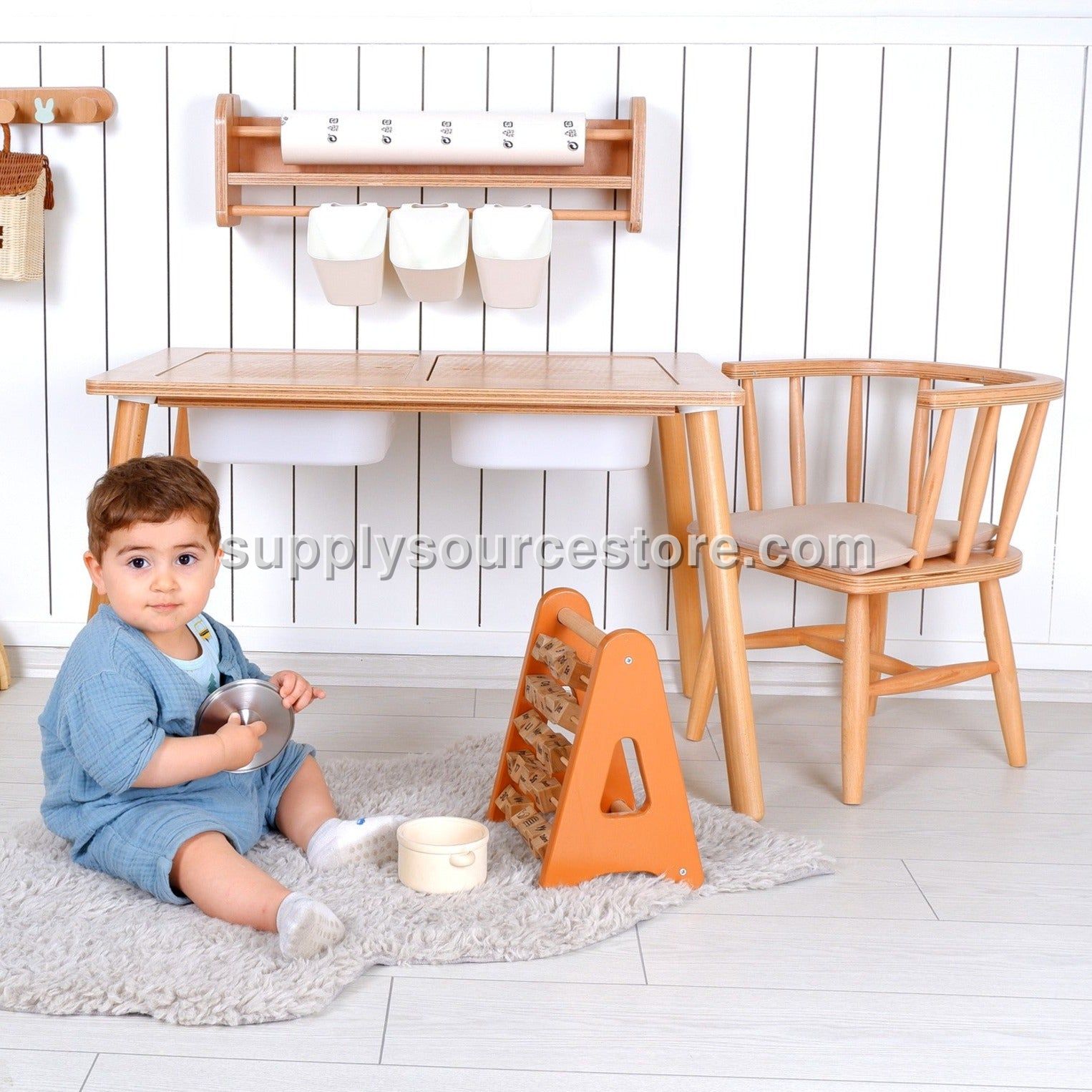 Wooden Kids Table and Chair – Natural Wood with Wall Shelf