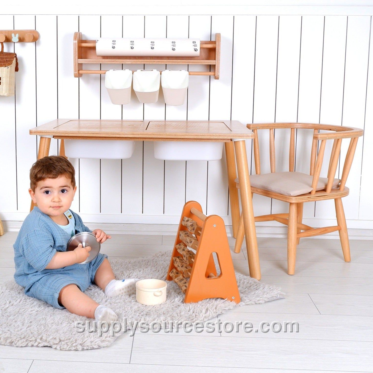 Wooden Kids Table and Chair – Natural Wood with Wall Shelf