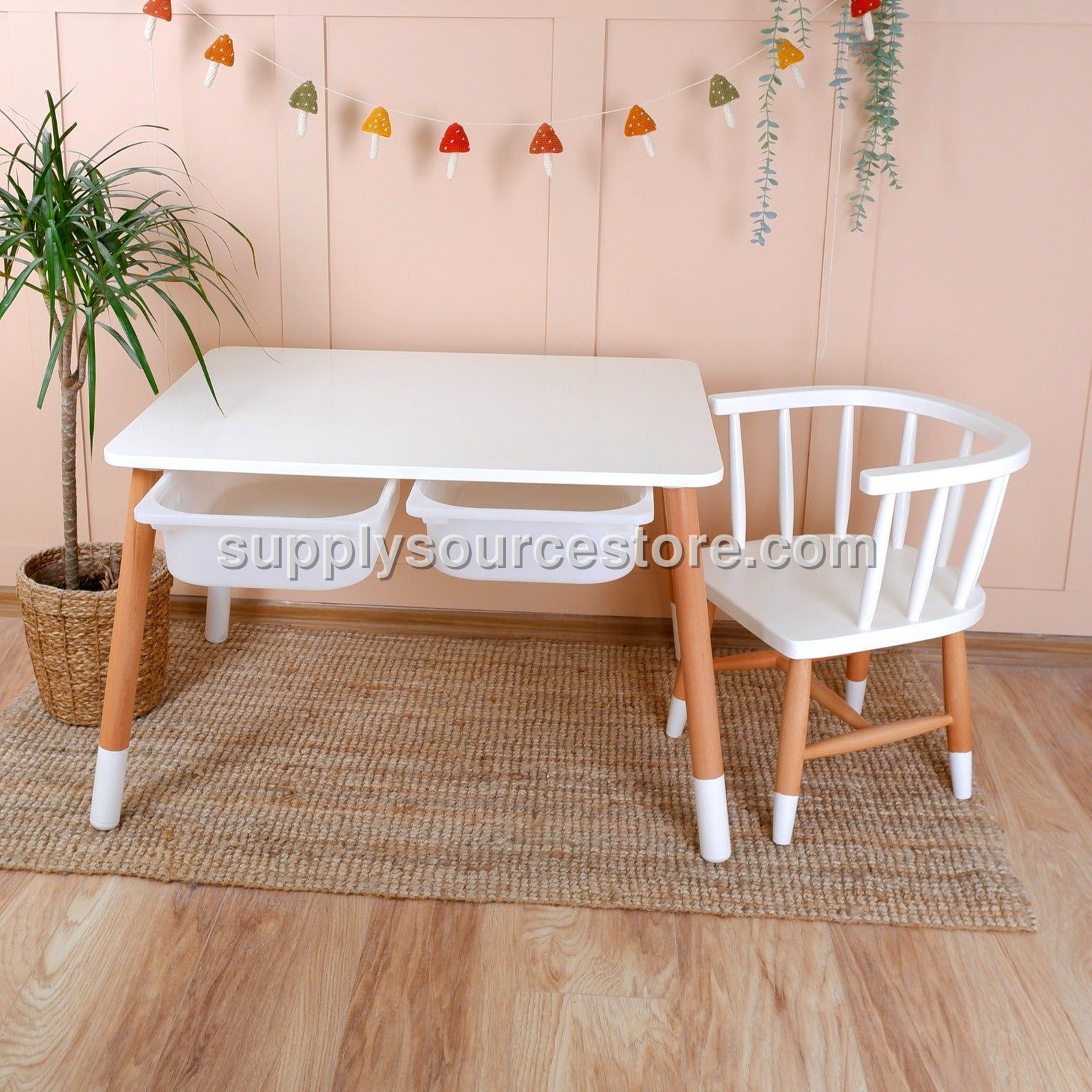 Wooden Kids Table and Chair – White with Natural Wood Two-Tone Legs