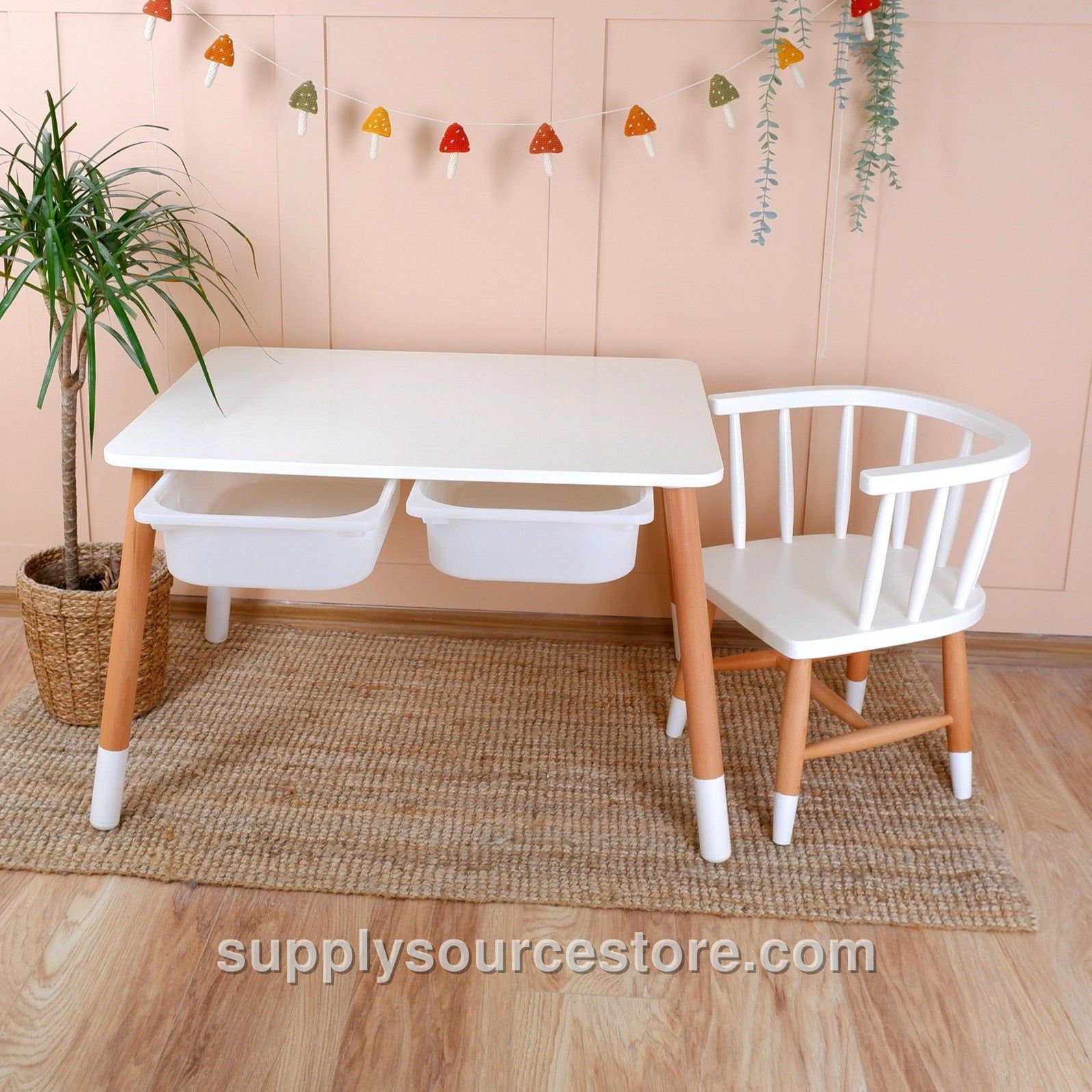 Wooden Kids Table and Chair – White with Natural Wood Two-Tone Legs