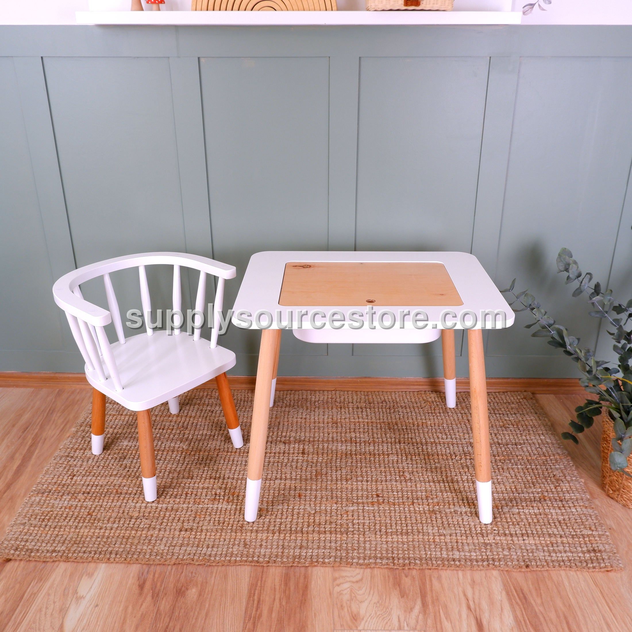 Wooden Kids Table and Chair – White with Orange Two-Tone Legs