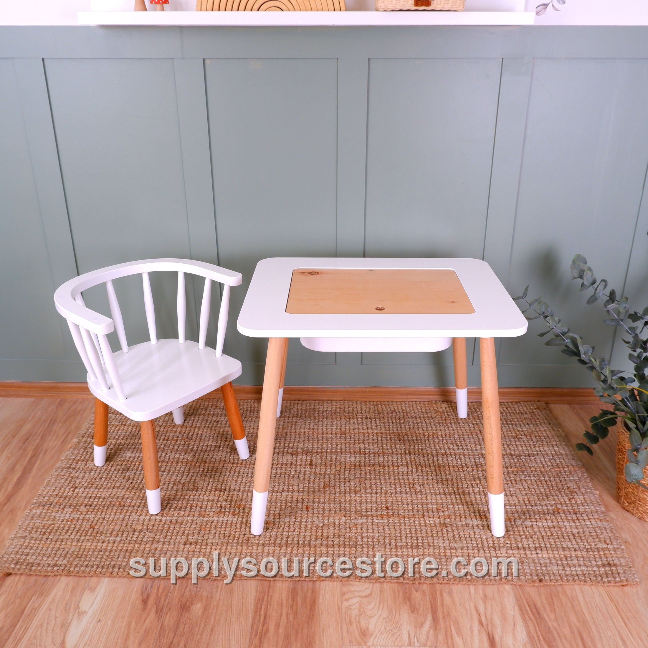Wooden Kids Table and Chair – White with Orange Two-Tone Legs