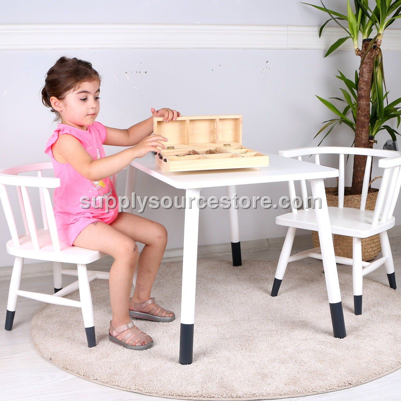 Wooden Kids Table and Two Chairs – White with Charcoal Leg Accents