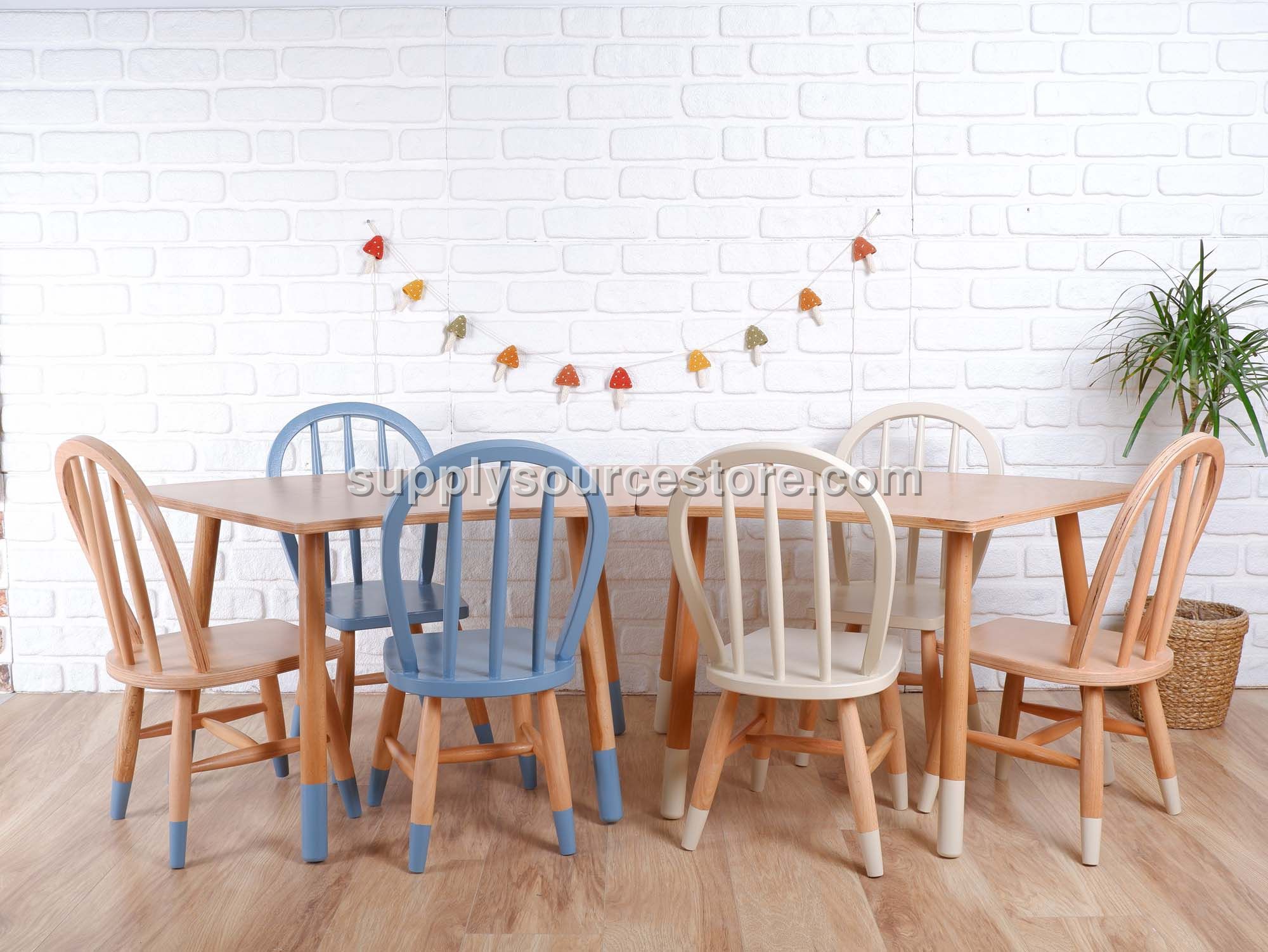 Wooden Kids Table with Six Windsor Chairs – Natural, Blue-Grey & Cream Mix