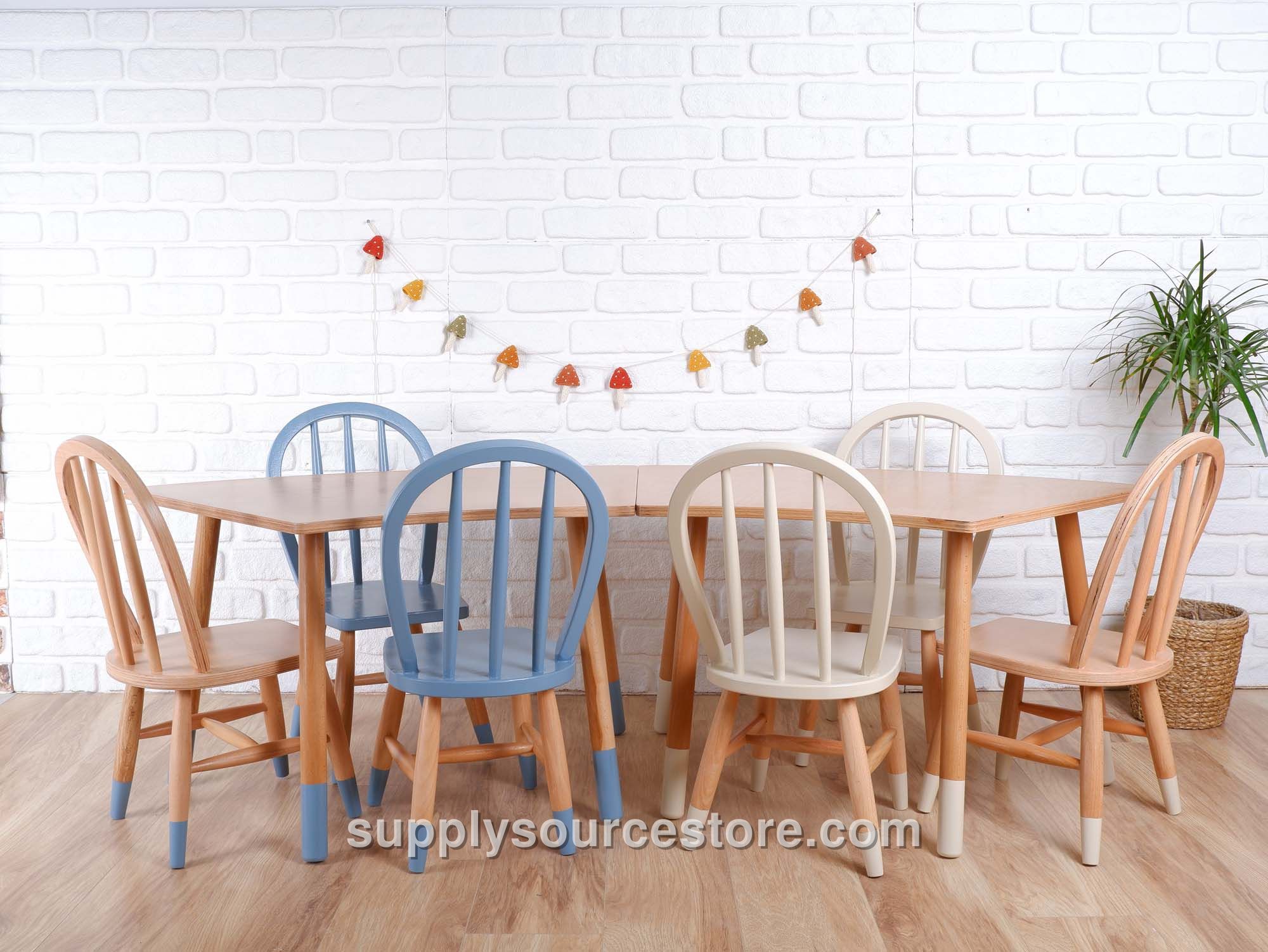 Wooden Kids Table With Six Windsor Chairs – Natural, Blue‑Grey & Cream Mix