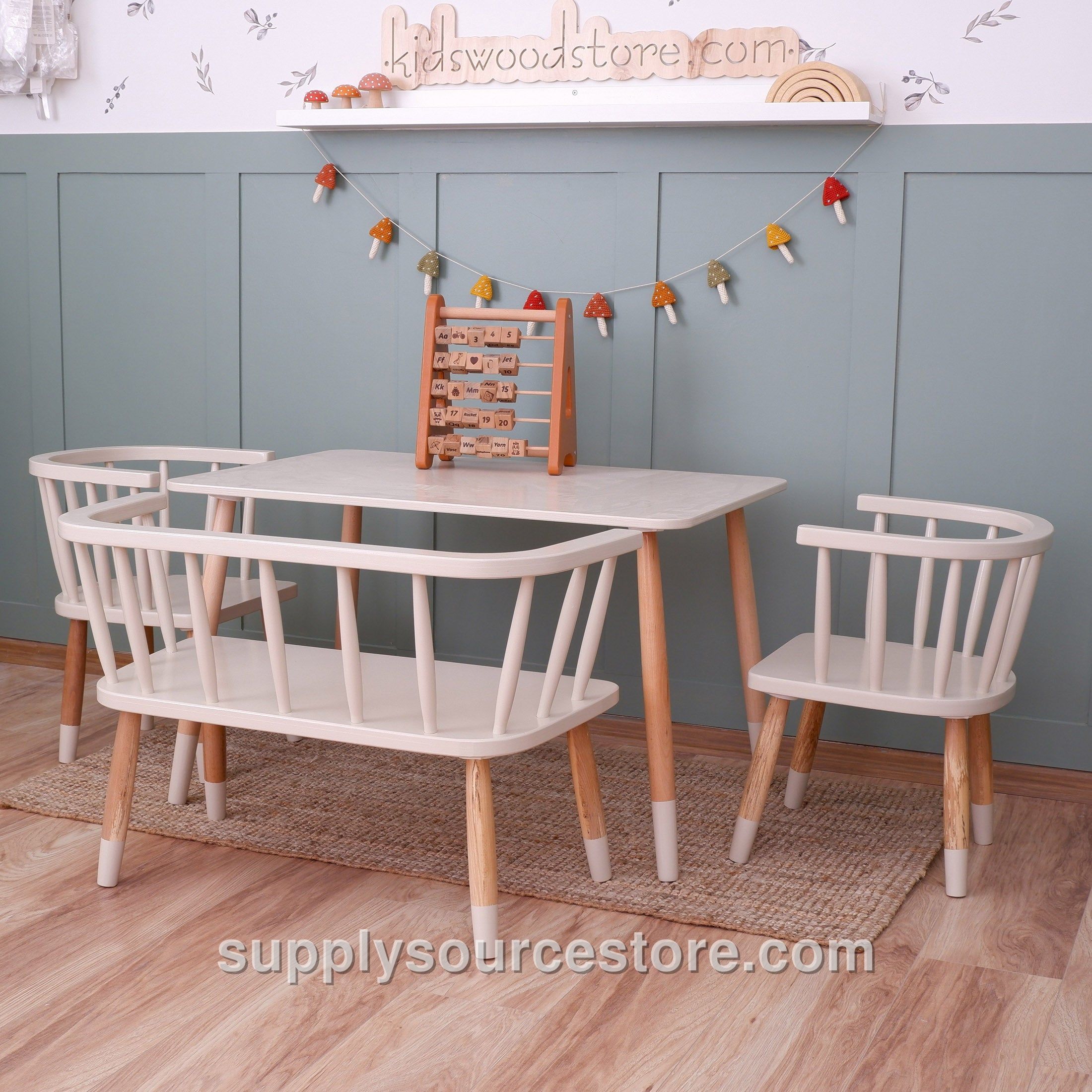 Wooden Kids Table, Bench, and Two Chairs Set – Cream Oatmeal with Two‑Tone Wood Legs