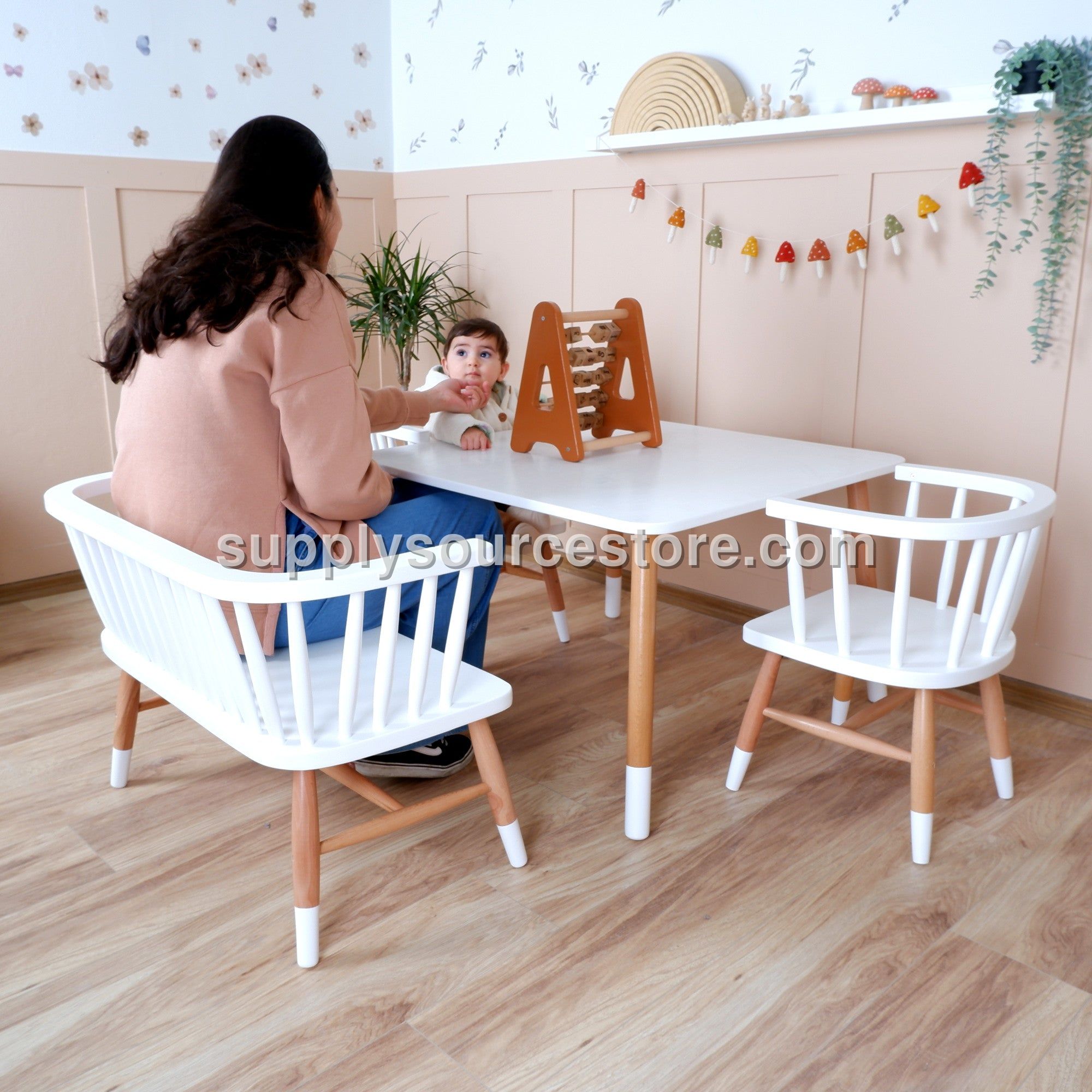 Wooden Kids Table, Chair, and Bench Set – White Finish