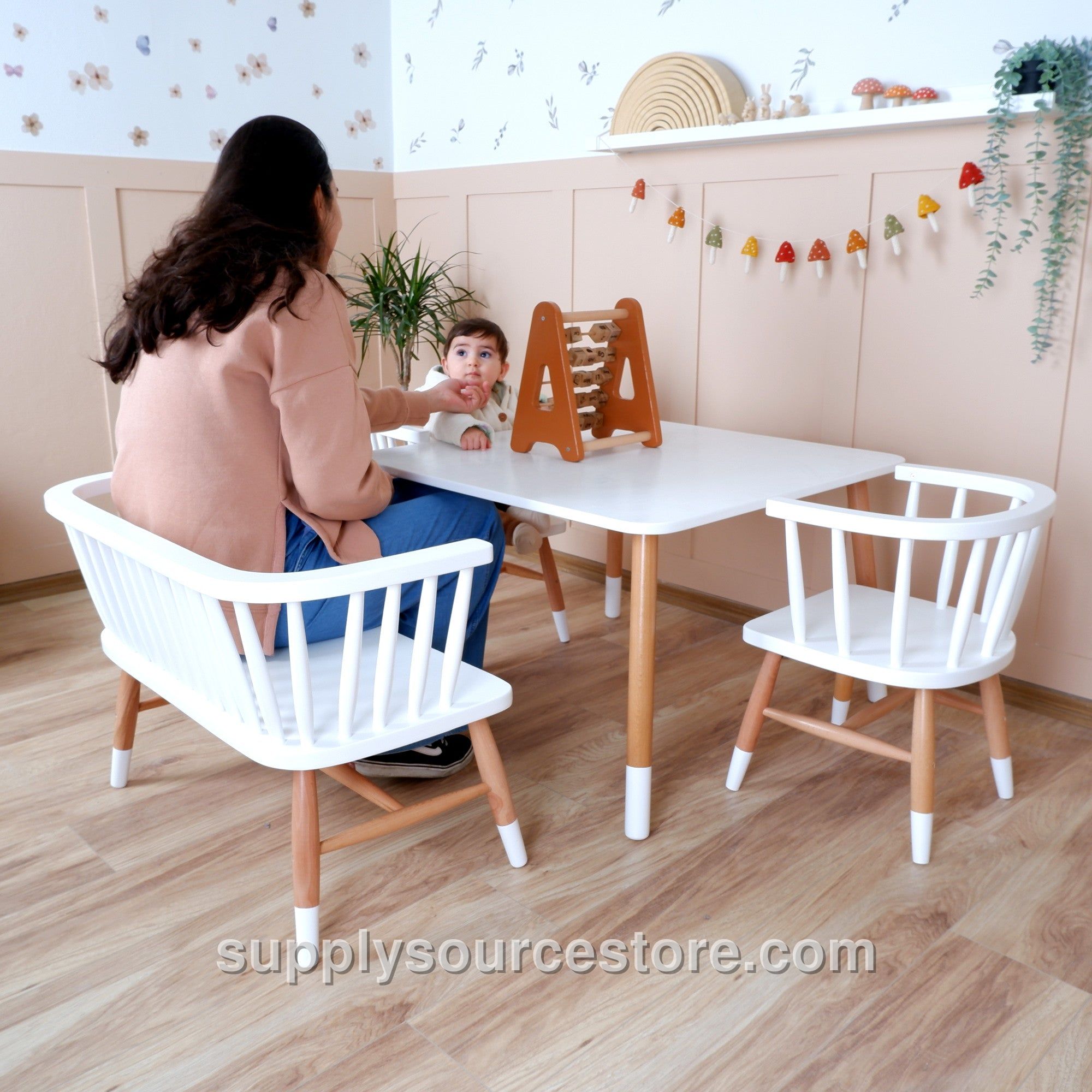 Wooden Kids Table, Chair, and Bench Set – White Finish