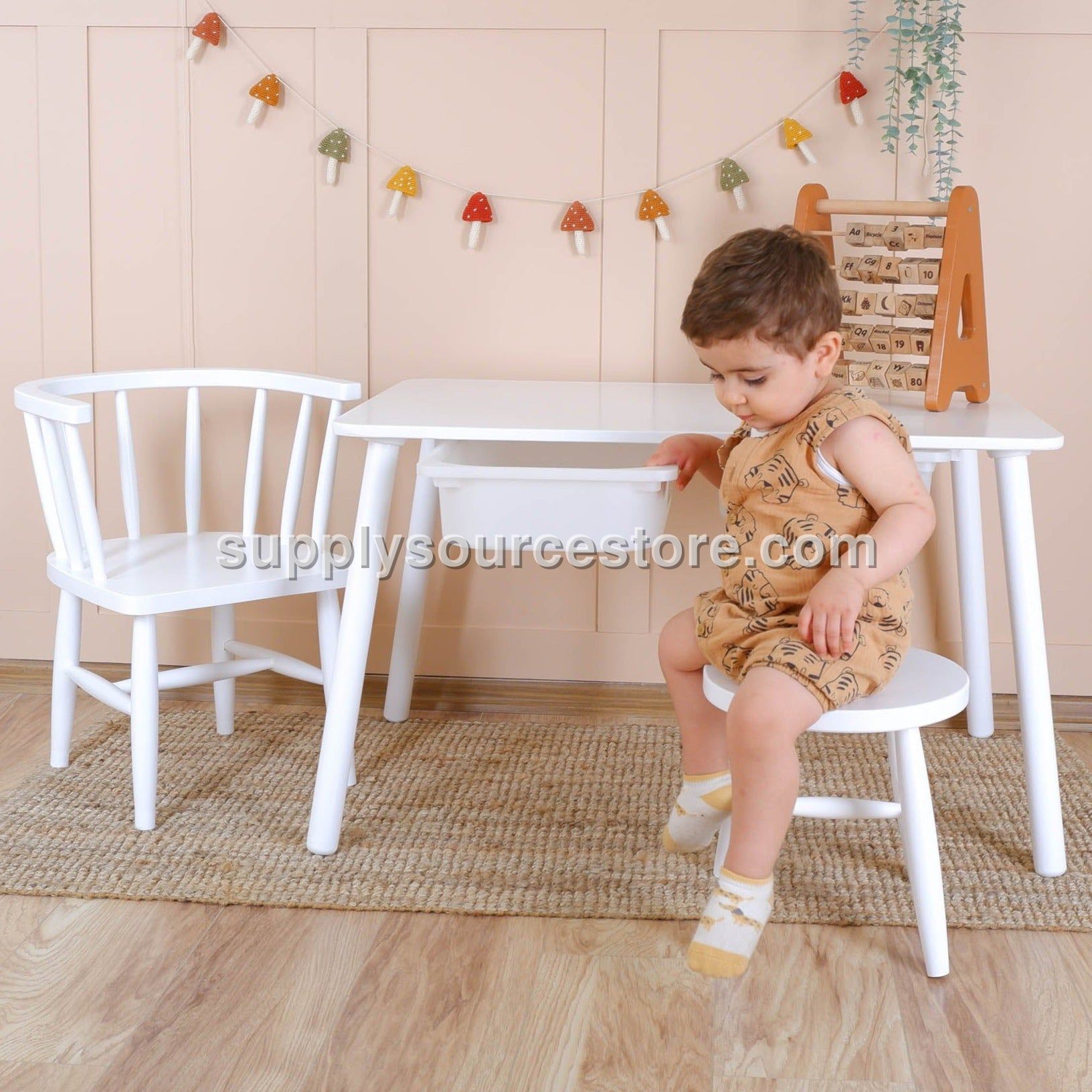 Wooden Kids Table, Chair, and Bench Set – White, Toddler Size
