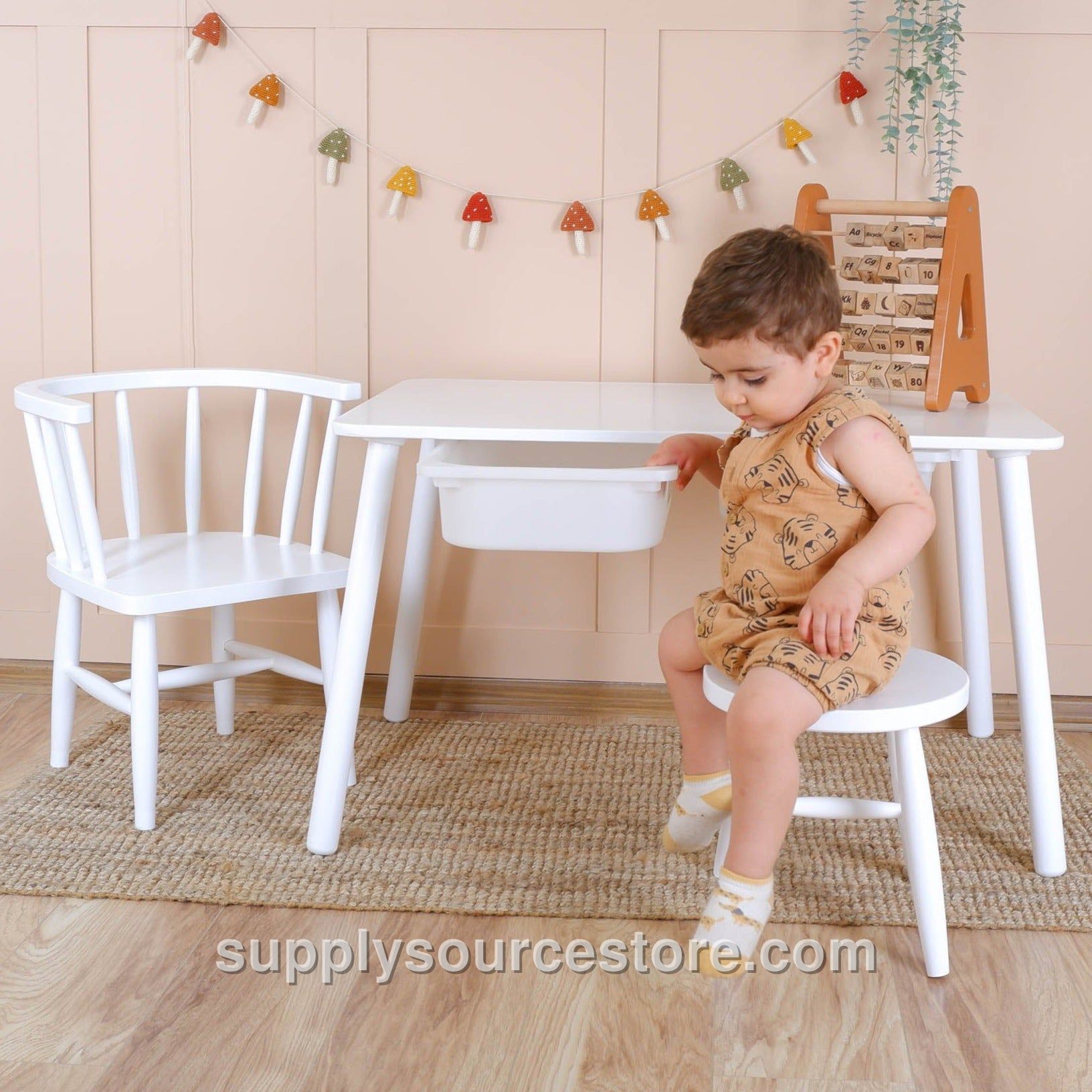 Wooden Kids Table, Chair, and Bench Set – White, Toddler Size