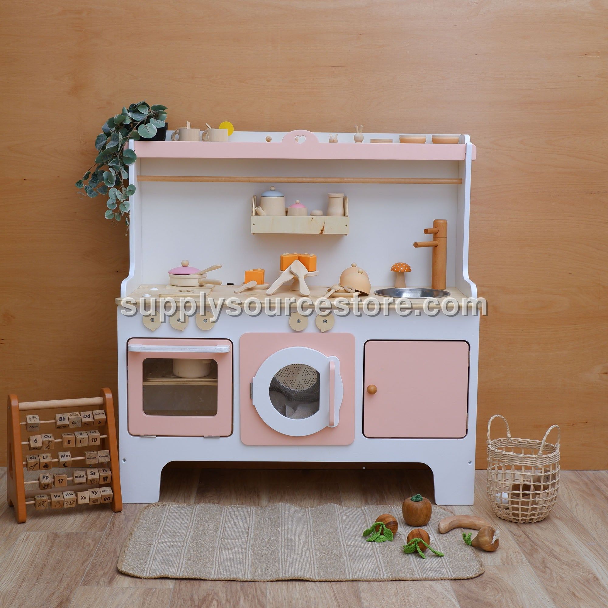 Wooden Play Kitchen Customizable – Blush Pink Accent