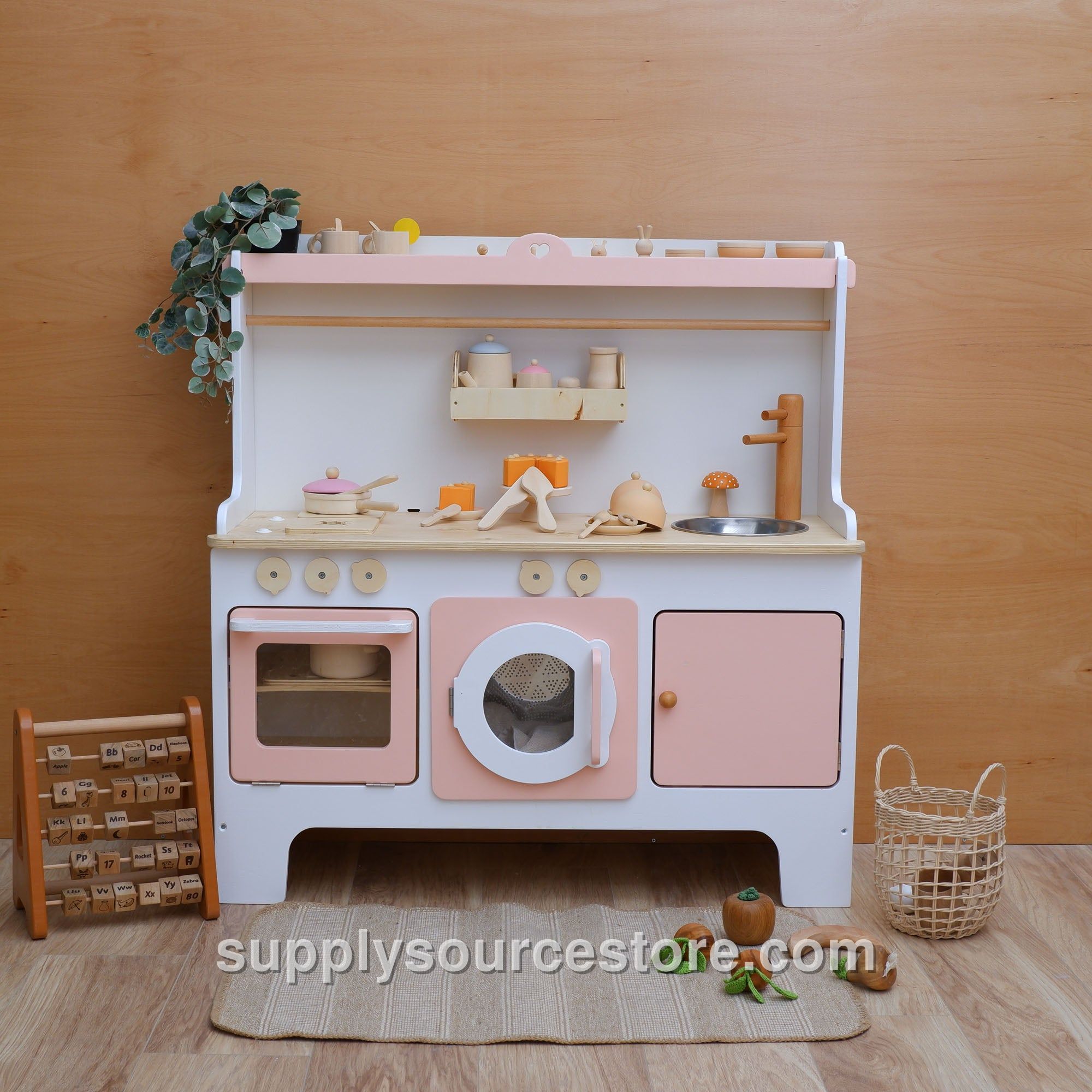 Wooden Play Kitchen Customizable – Blush Pink Accent