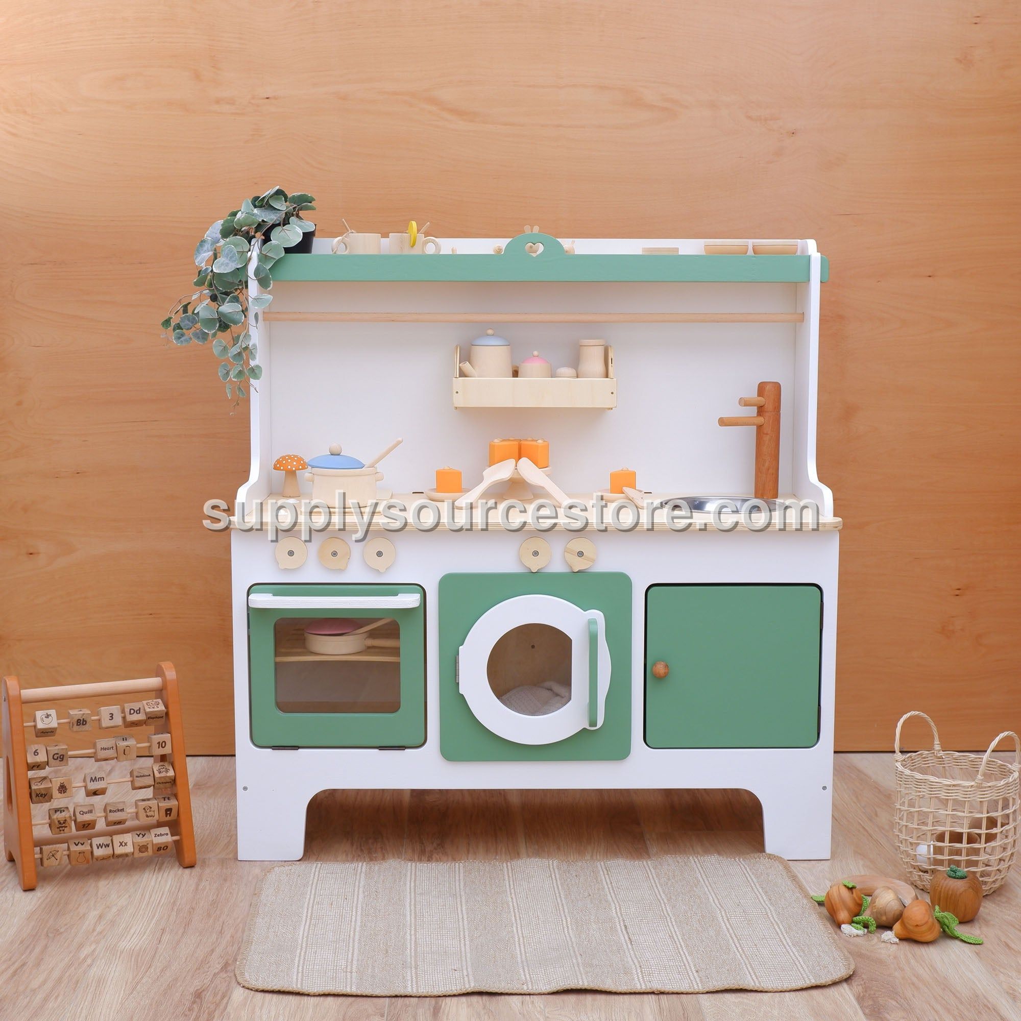 Wooden Play Kitchen Customizable – Sage Green Accent