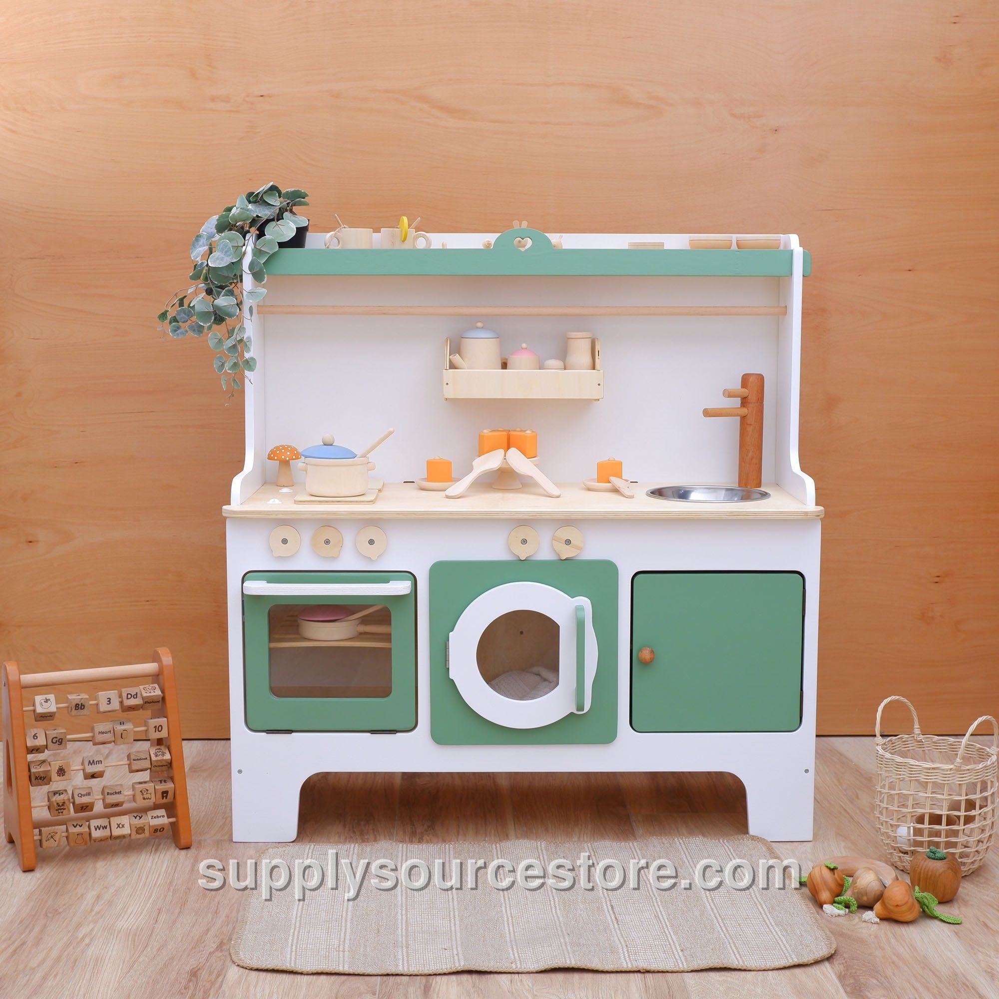 Wooden Play Kitchen – Customizable Sage Green Accent