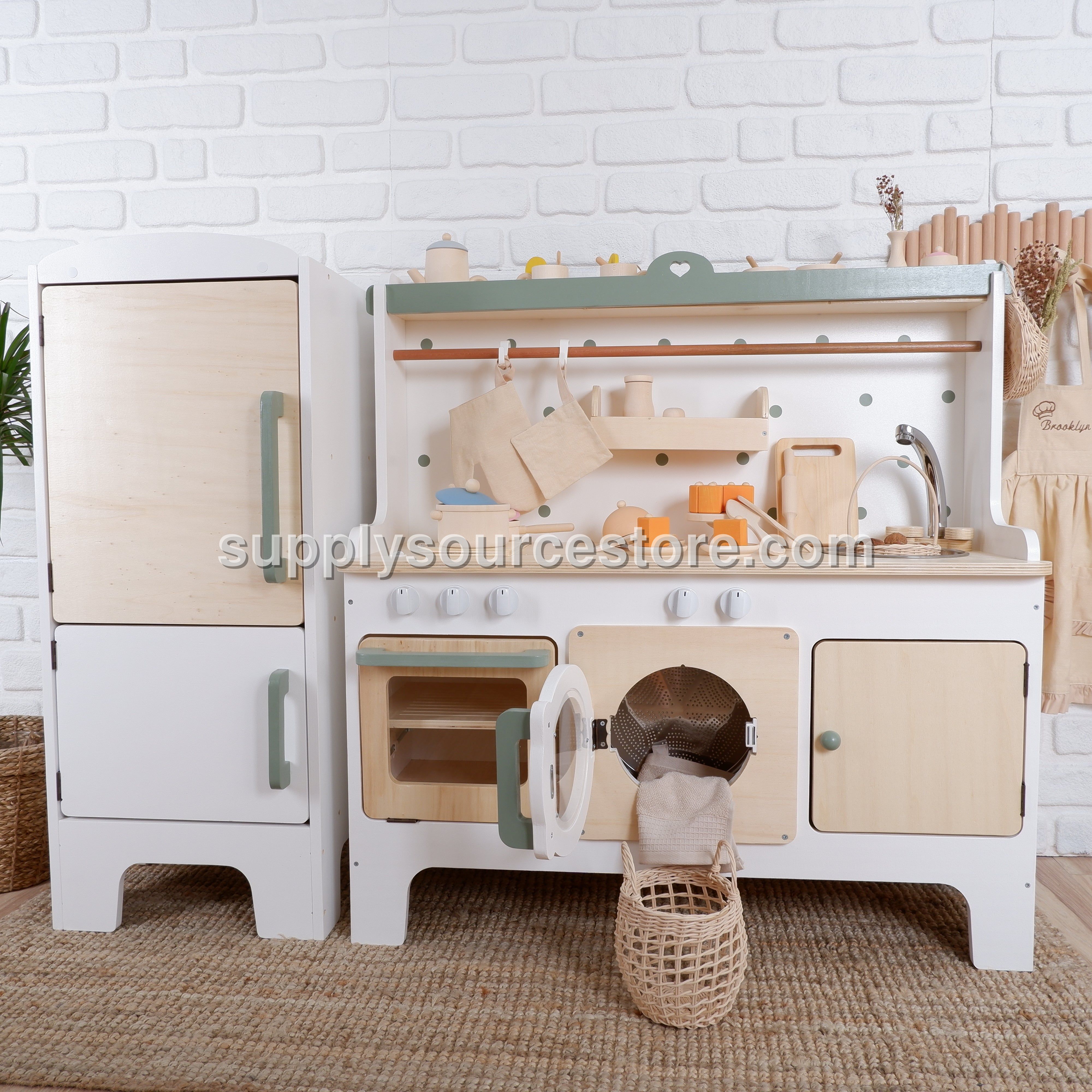 Wooden Play Kitchen Customizable – Sage Green with Matching Fridge