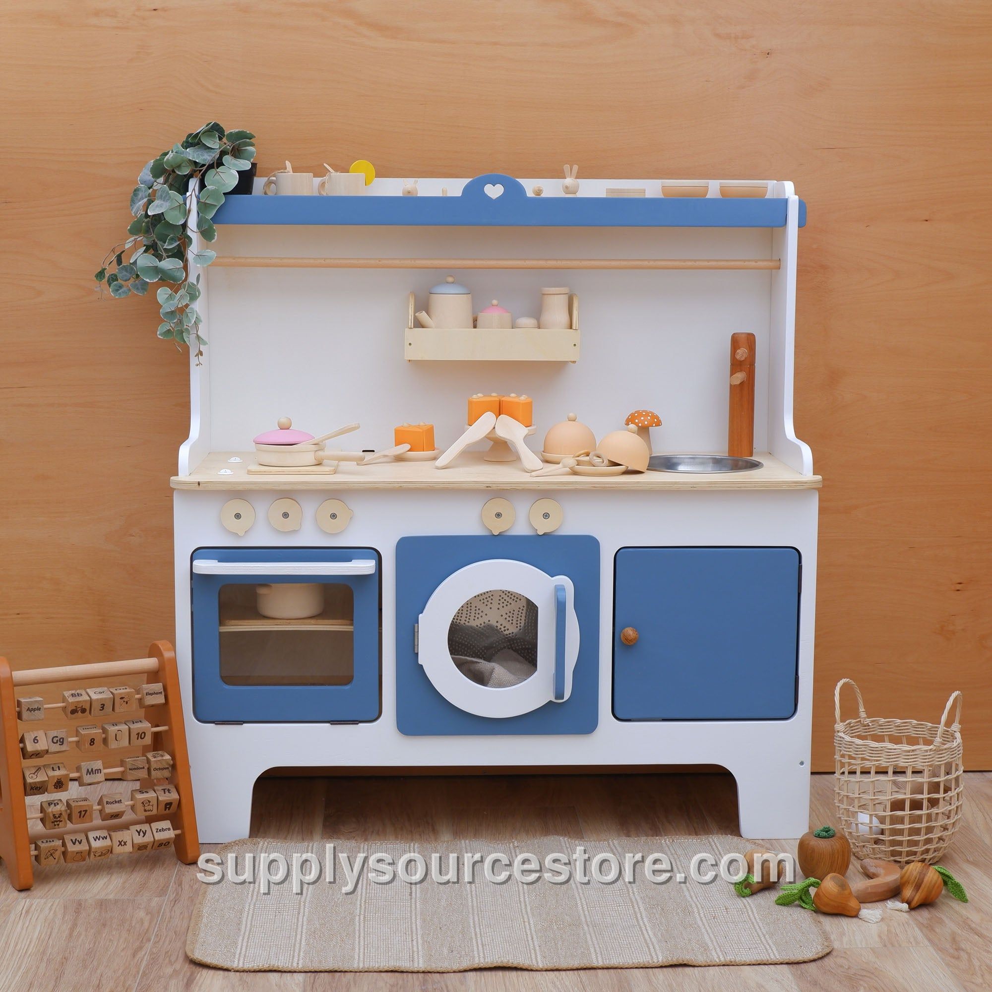 Customizable Wooden Play Kitchen – Sky Blue Accent