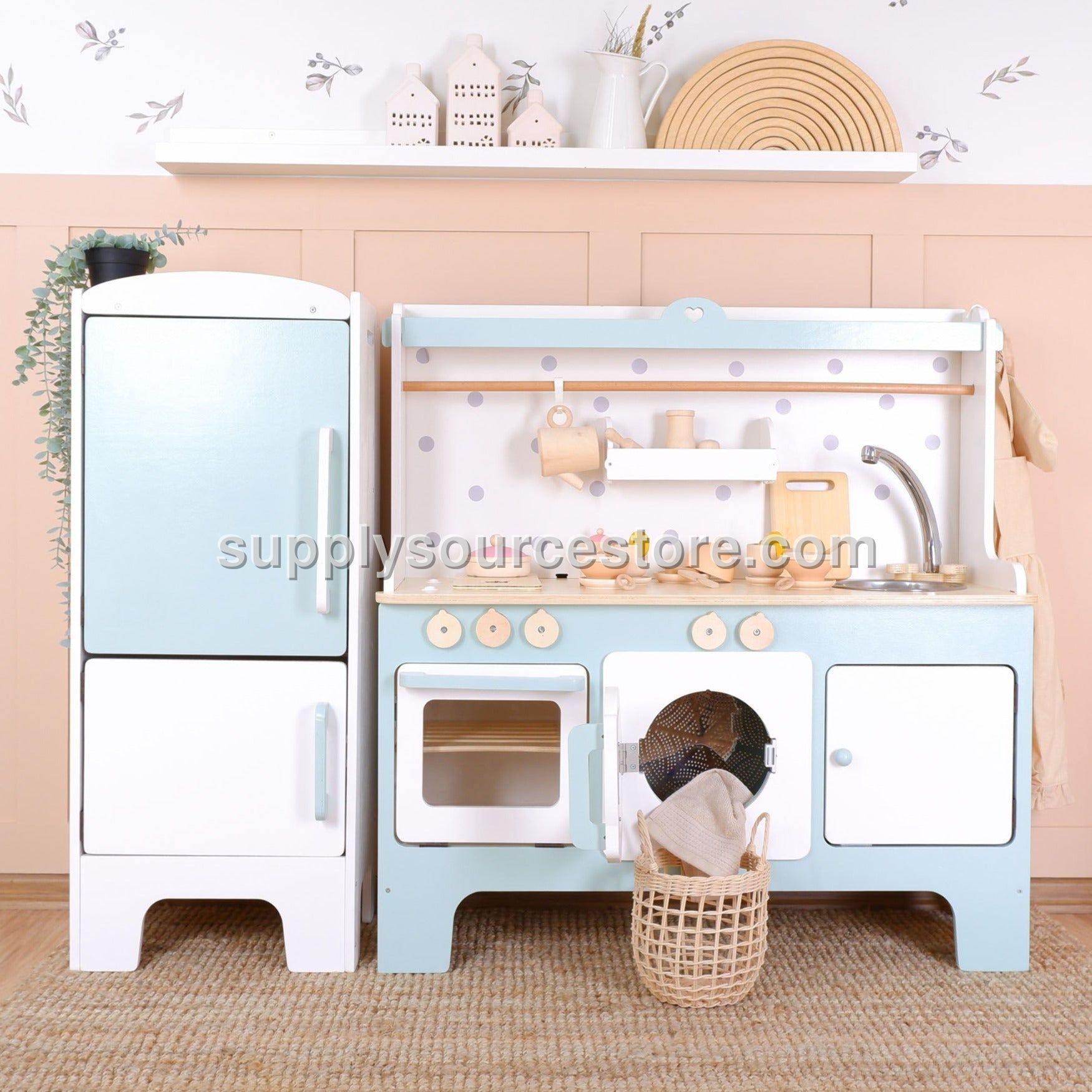 Wooden Play Kitchen Customizable – Sky Blue with Matching Fridge