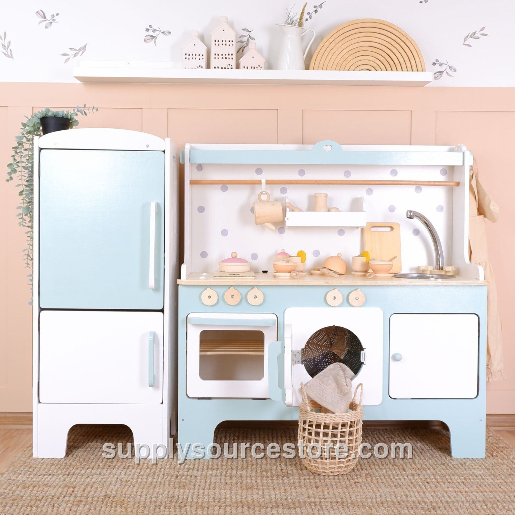 Wooden Play Kitchen Customizable – Sky Blue with Matching Fridge