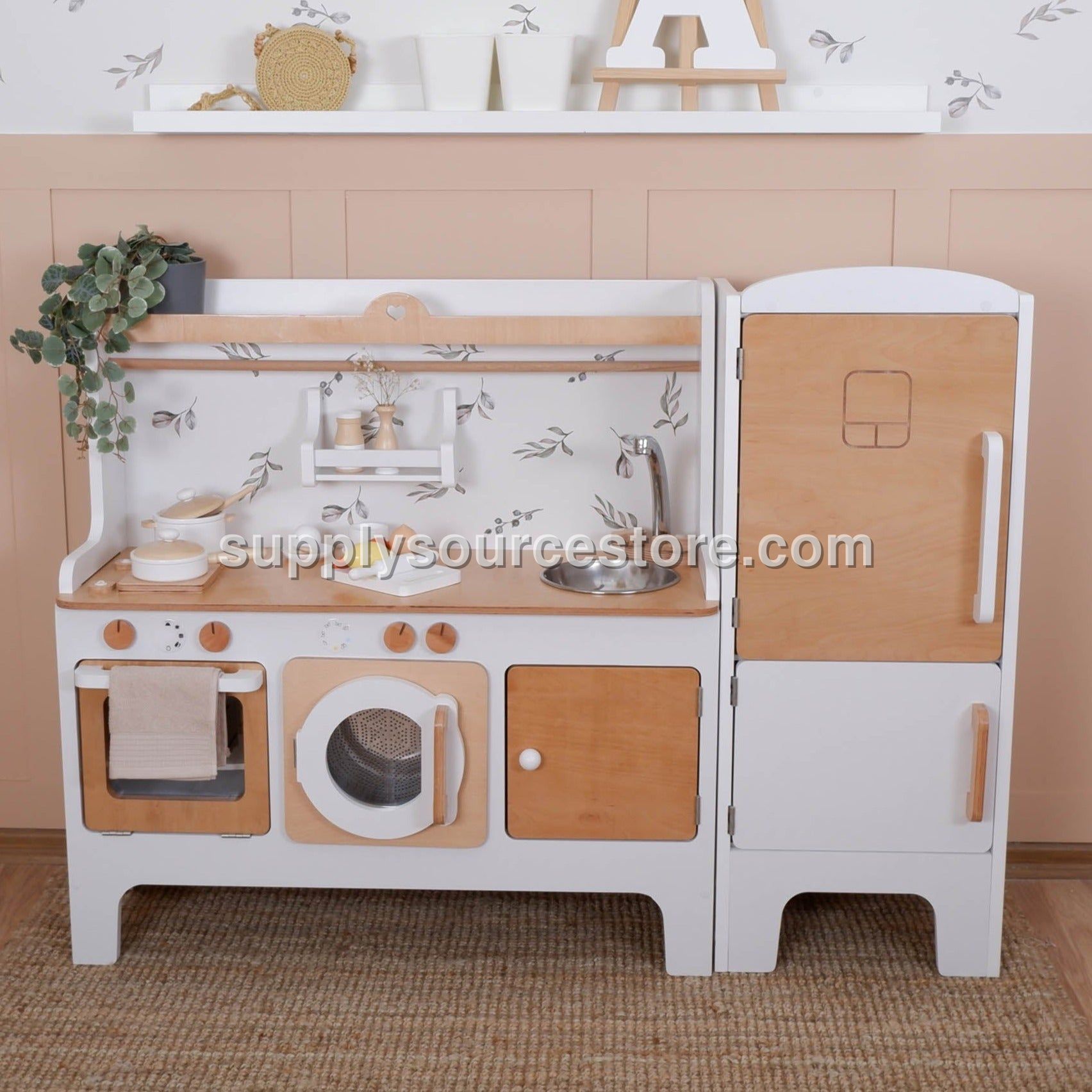 Wooden Play Kitchen Customizable – White & Natural with Matching Fridge