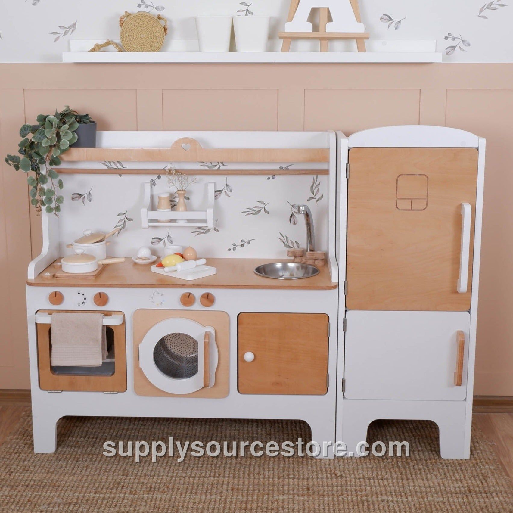 Customizable Wooden Play Kitchen with Matching Fridge