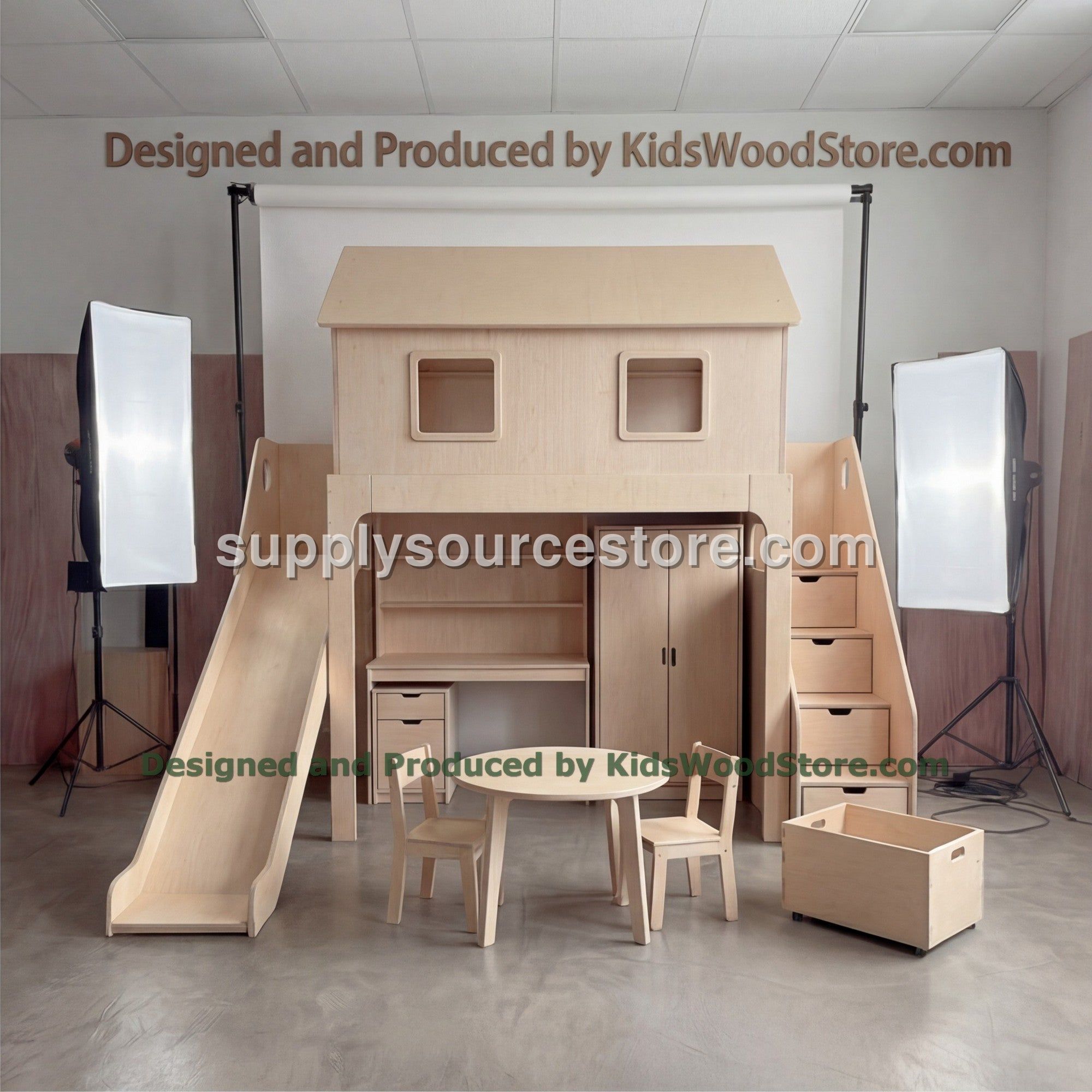 Wooden Playhouse Bunk Bed with Built-in Desk & Wardrobe | Slide, Storage Stairs, Chimney Roof | Complete Kids Room Set