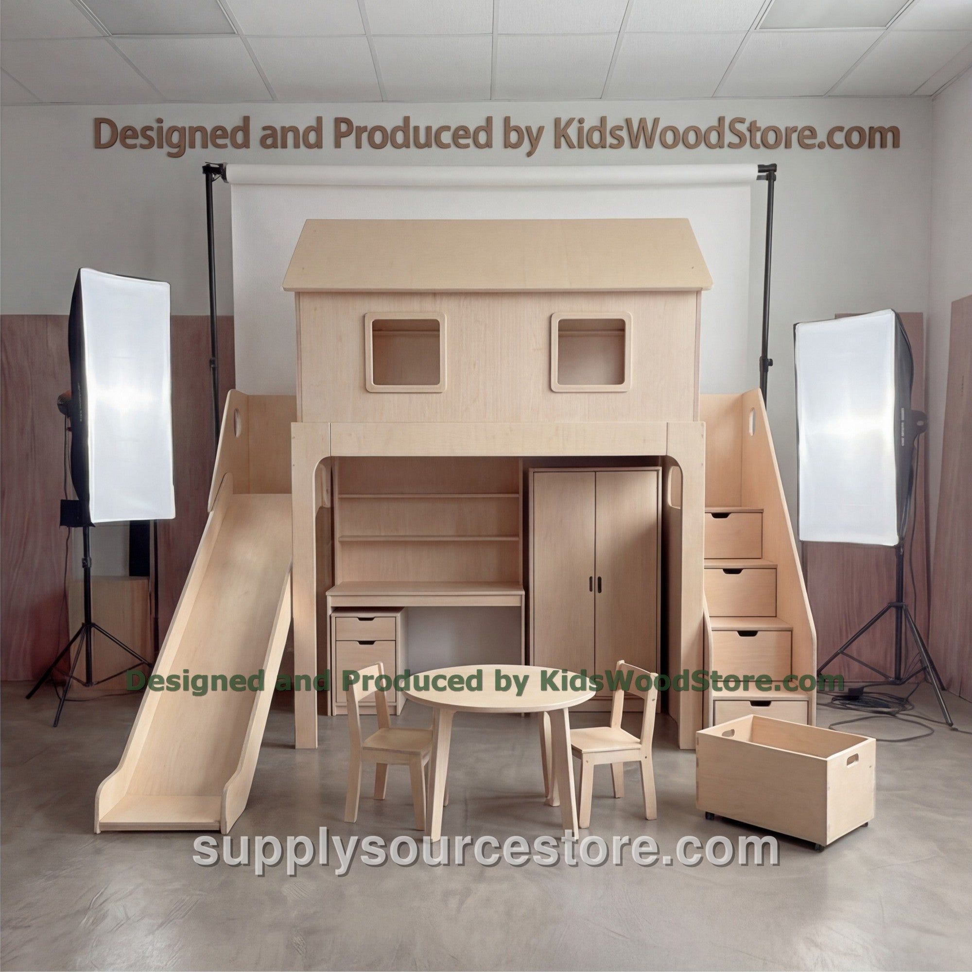 Wooden Playhouse Bunk Bed with Desk, Wardrobe, Slide & Storage Stairs