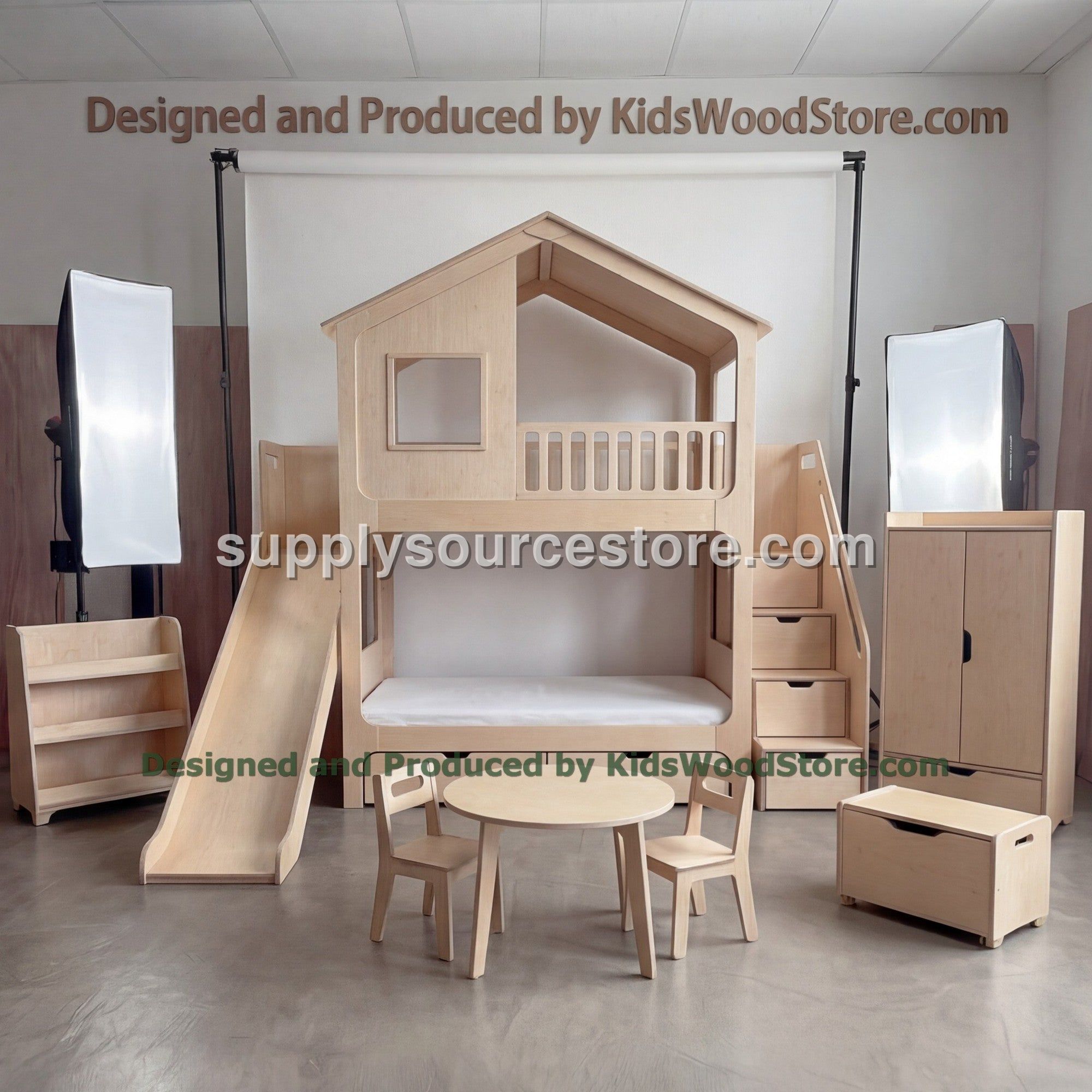 Wooden Playhouse Bunk Bed with Front Balcony & Wardrobe | Juliet Railing Loft, Slide & Storage Stairs | All-Inclusive Kids Set