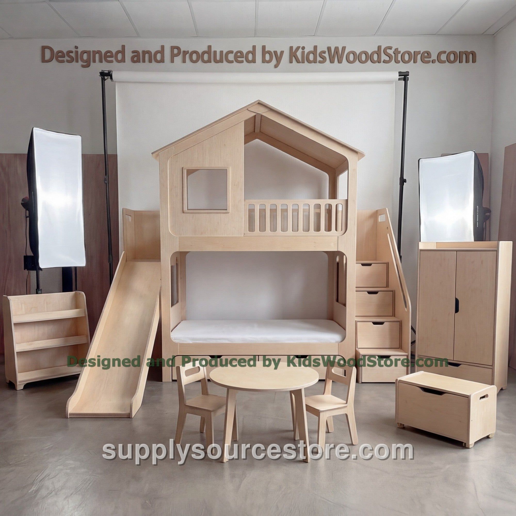Wooden Playhouse Bunk Bed With Balcony, Wardrobe, Slide And Storage