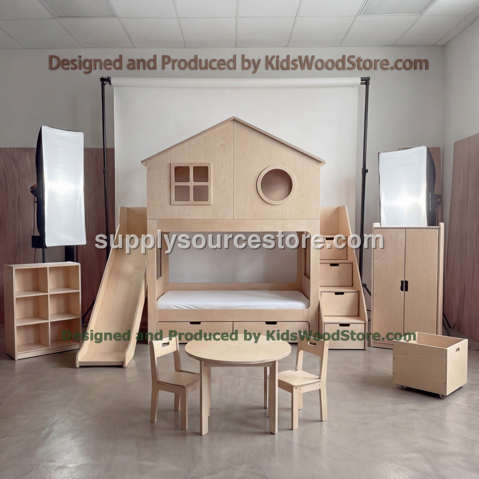 Wooden Playhouse Bunk Bed with Porthole Window & Cube Bookshelf | Slide, Storage Stairs, Wardrobe | Nautical Kids Loft Bed Set