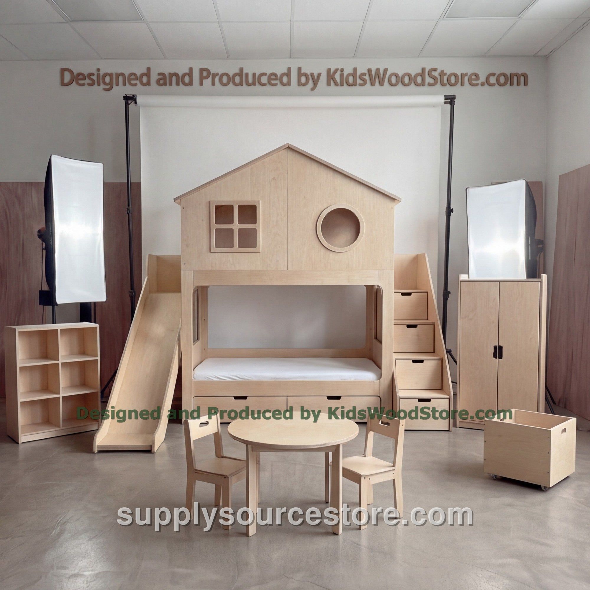 Wooden Playhouse Bunk Bed with Porthole Window & Cube Bookshelf | Slide, Storage Stairs, Wardrobe | Nautical Kids Loft Bed Set