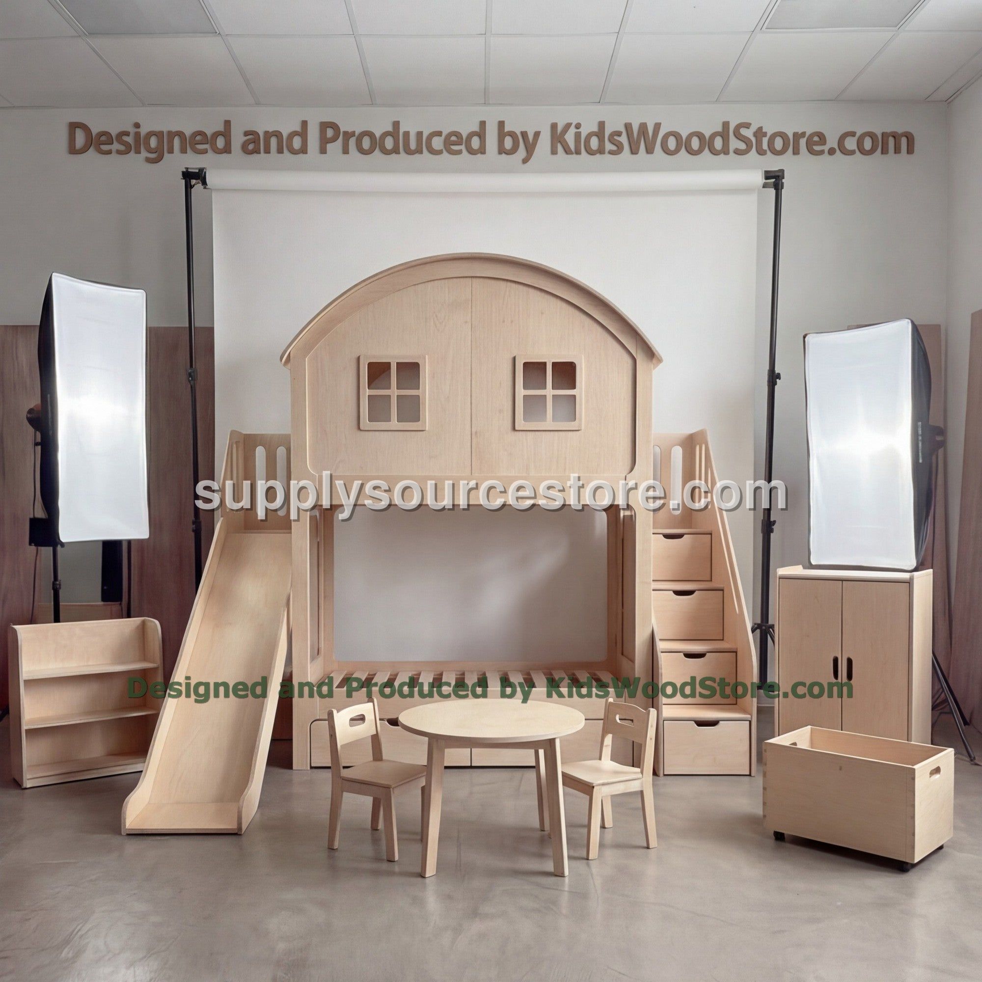 Wooden Playhouse Bunk Bed with Slide & Arched Roof | Storage Stairs, Kids Table Set & Toy Chest Included | All-Inclusive