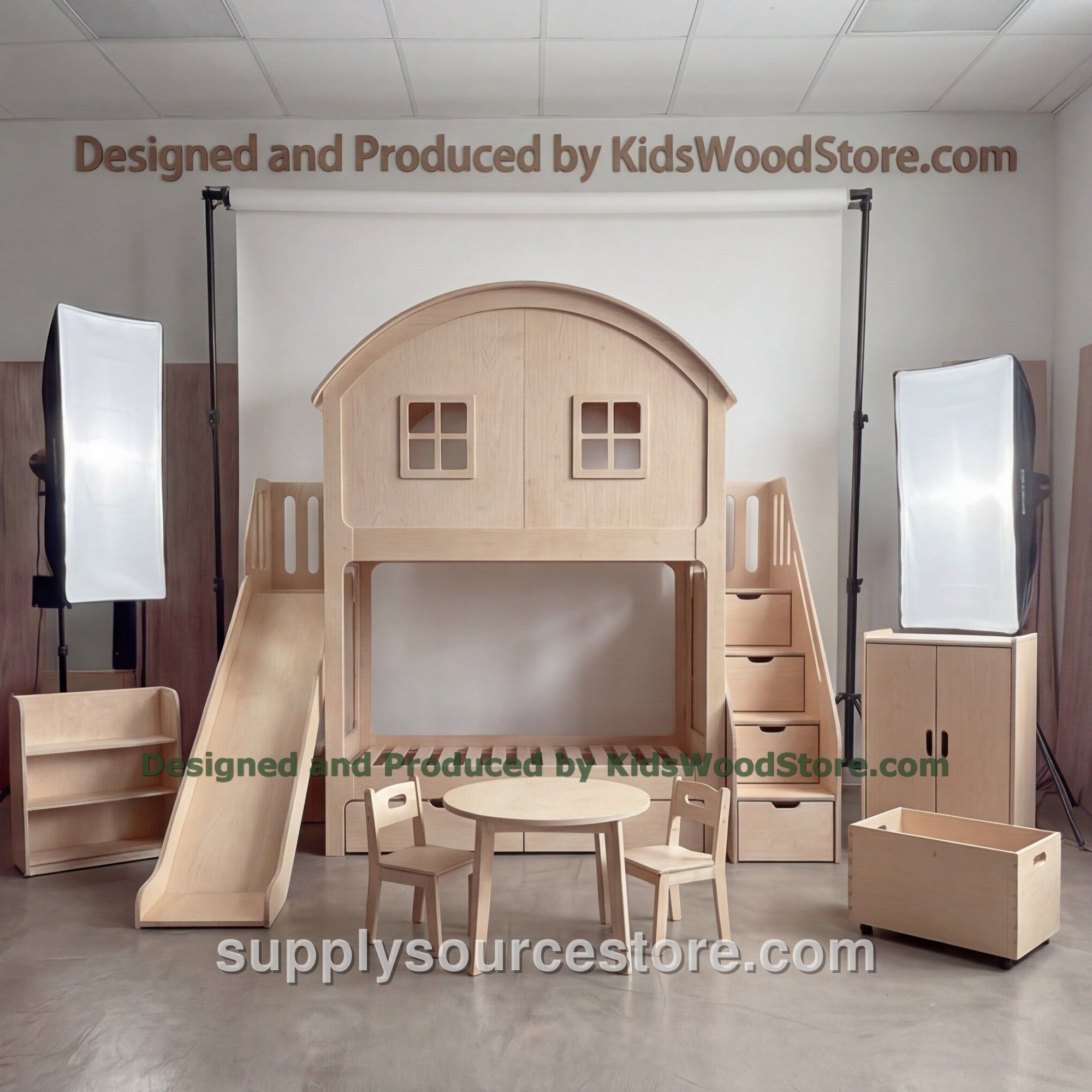 Wooden Playhouse Bunk Bed with Slide and Arched Roof