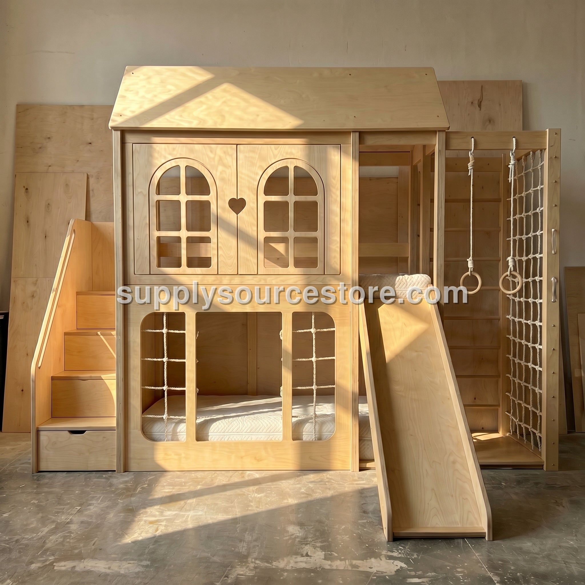Wooden Playhouse Bunk Bed with Slide, Gym Rings & Climbing Net | Storage Stairs, Under-Bed Drawers | Kids Loft Bunk Bed Set