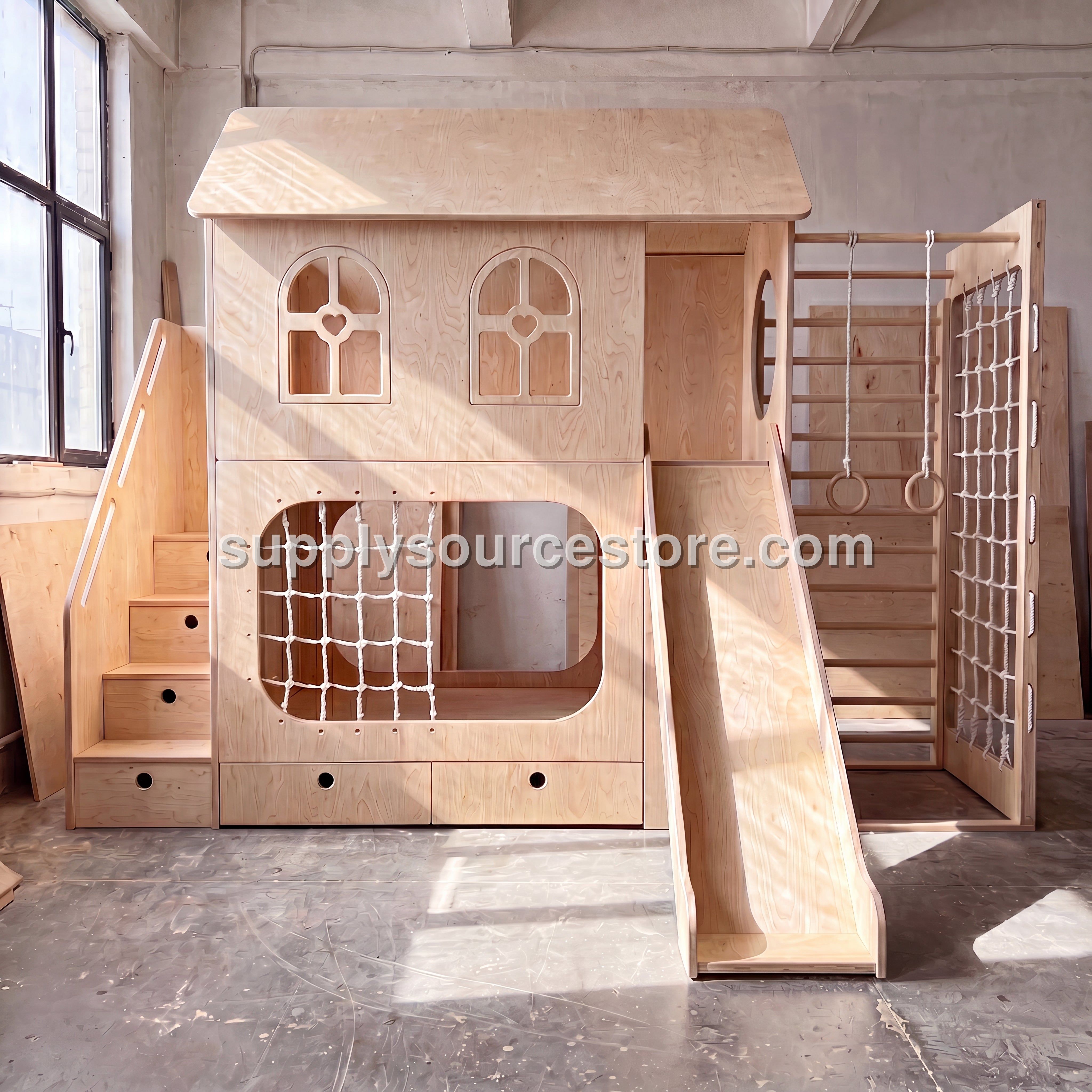 Wooden Playhouse Loft Bed with Slide, Gym Rings & Climbing Net | Storage Stairs, Under-Bed Drawers | Kids Active Loft Bed Set