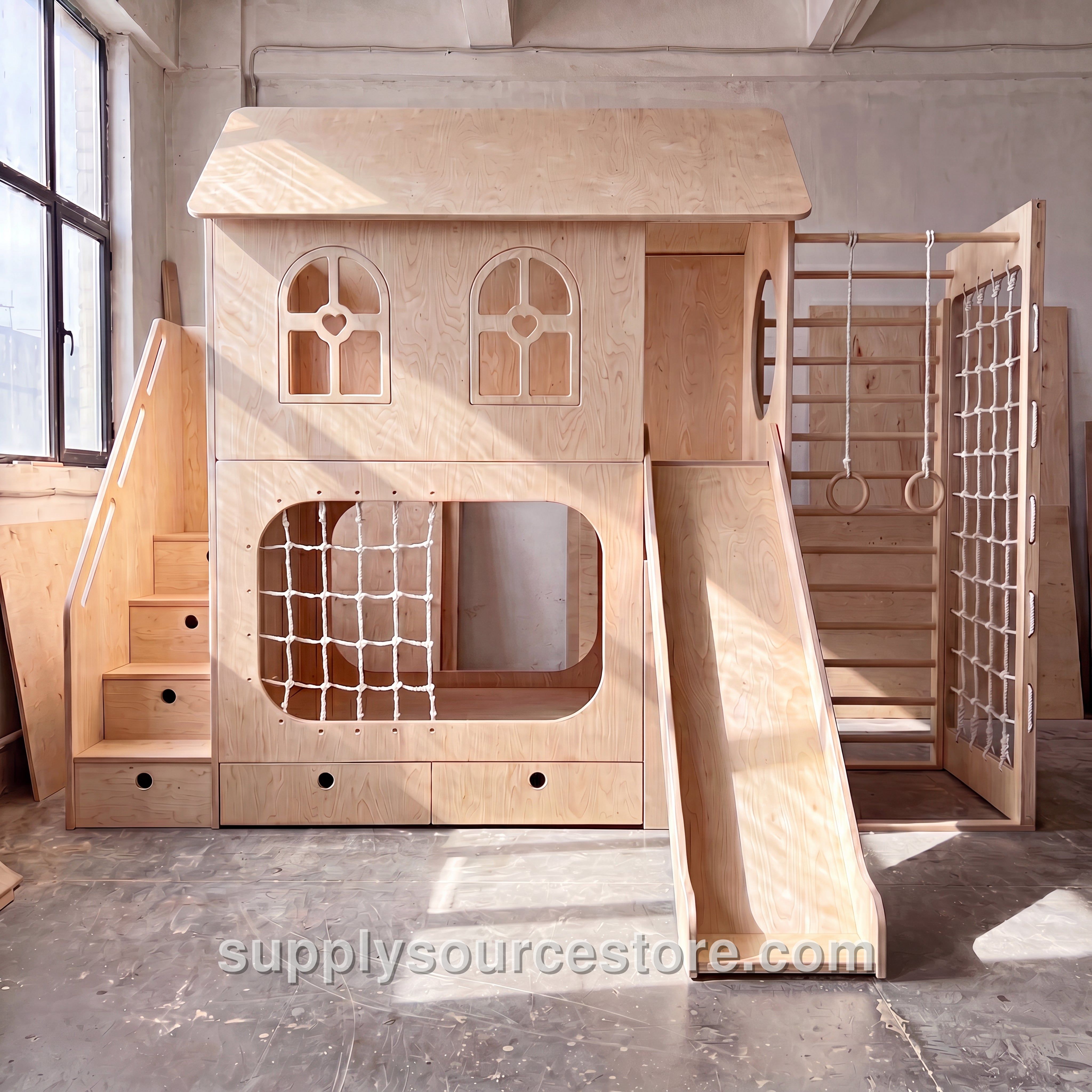 Wooden Playhouse Loft Bed With Slide