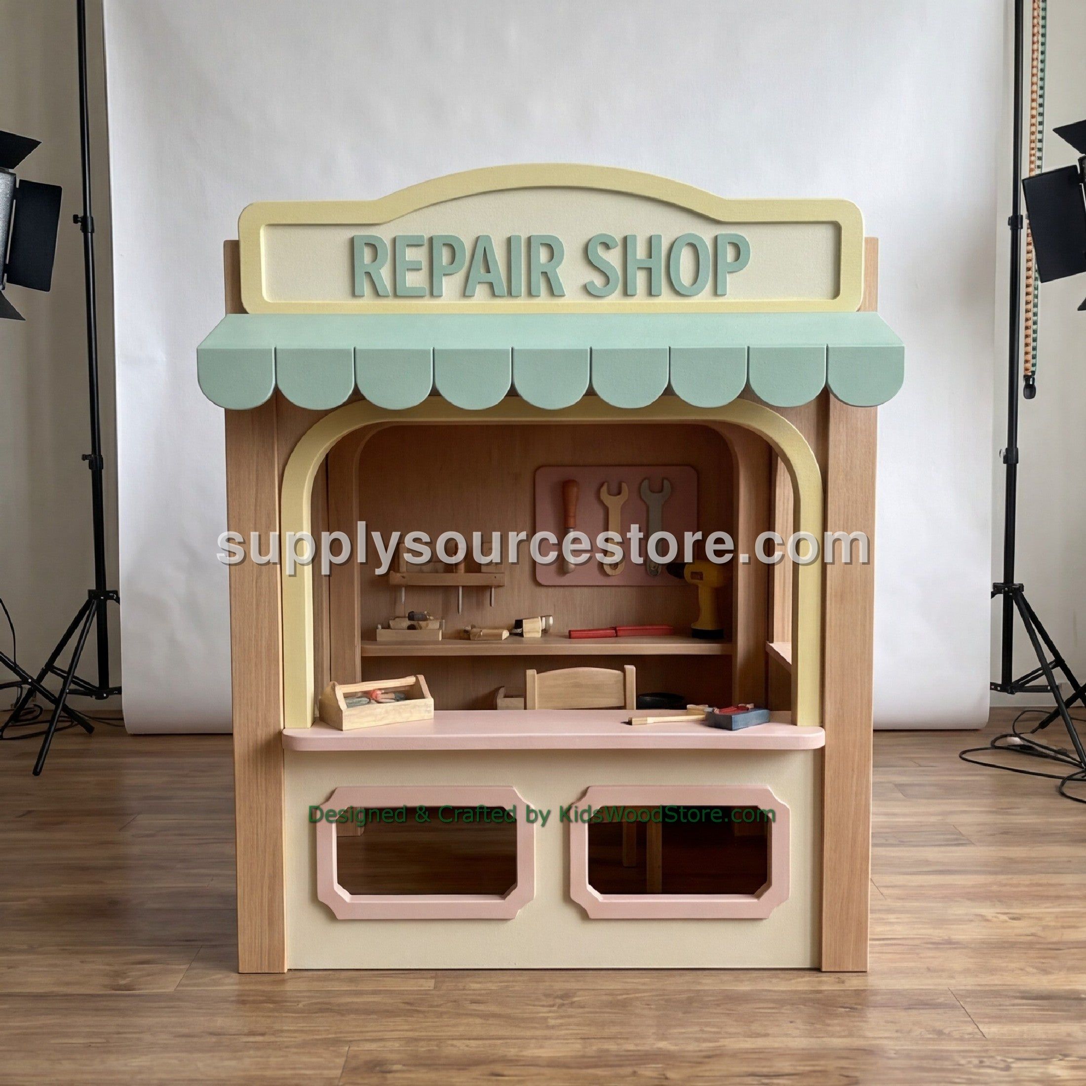 Wooden Repair Shop Playhouse + Furnitures for Kids | Personalized 25+ Themes | All-Inclusive Turnkey Project