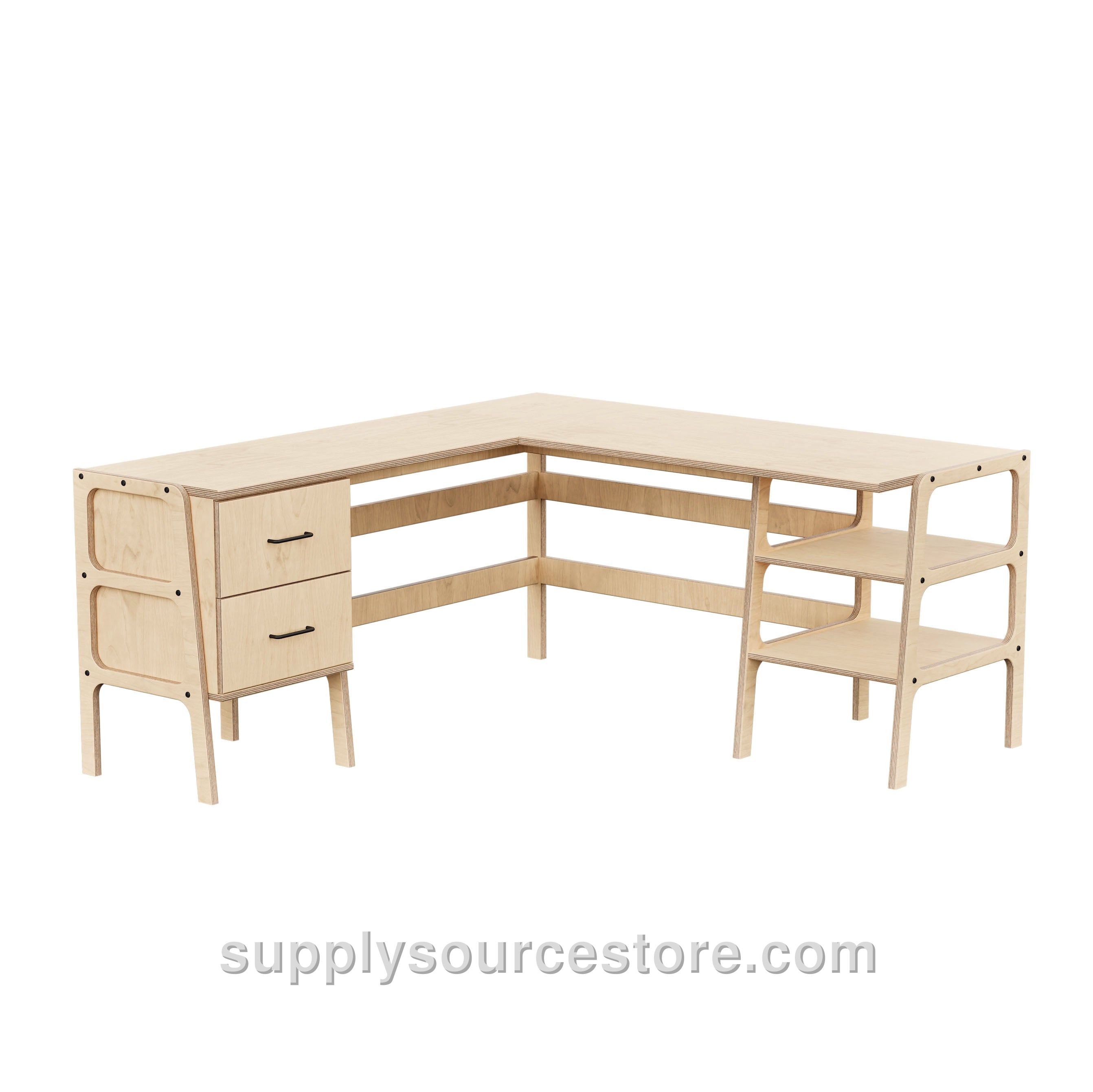 Mid-Century L-Shape Desk · 2 Drawers & 2 Shelves · 49/65