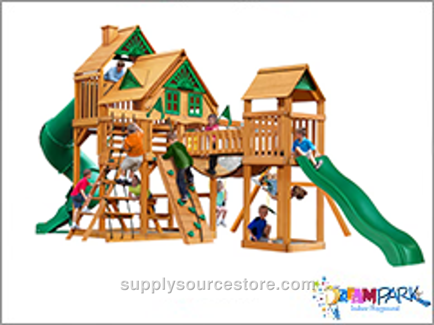 Wooden Three Tower Slide and Climbing Swing Set